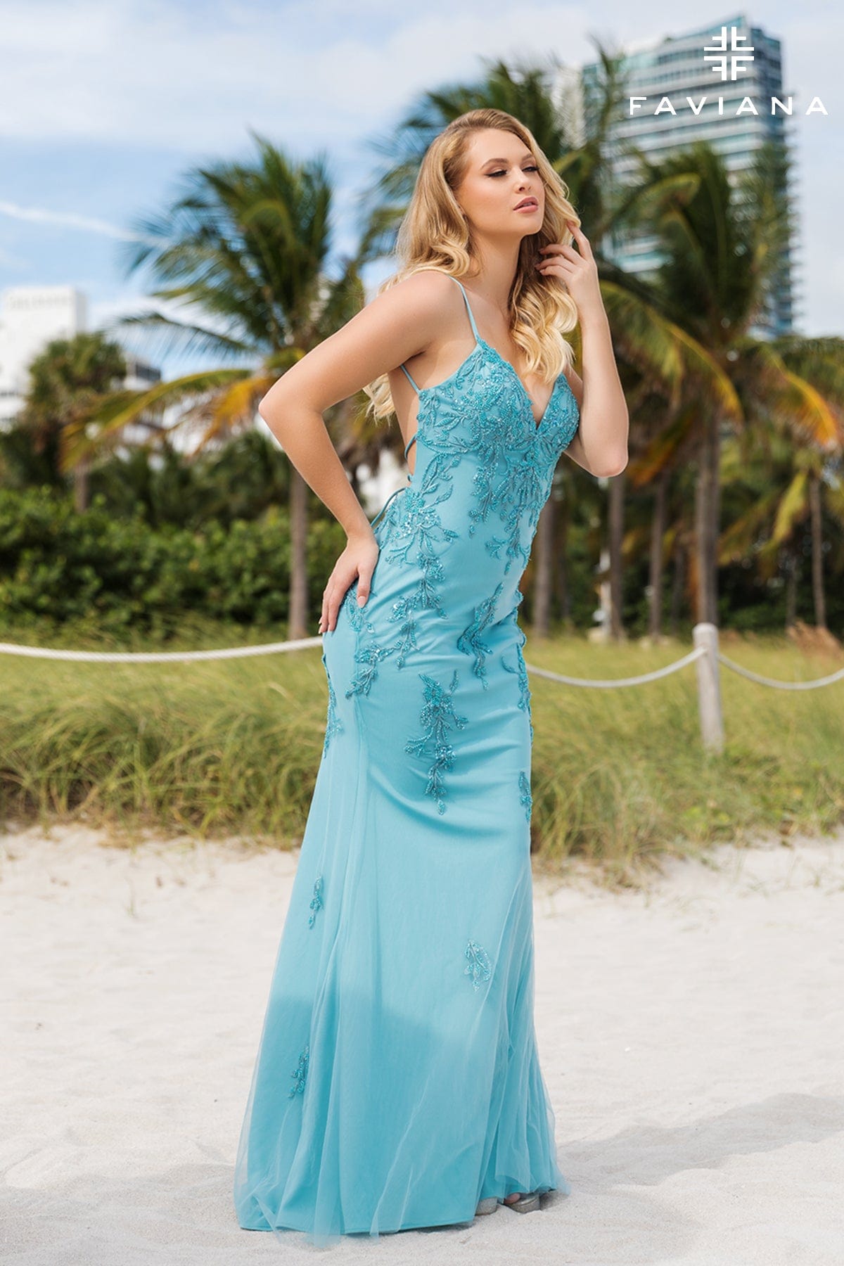 Pacific Blue Beaded Lace Long V Neck Dress With Open Back | S10633