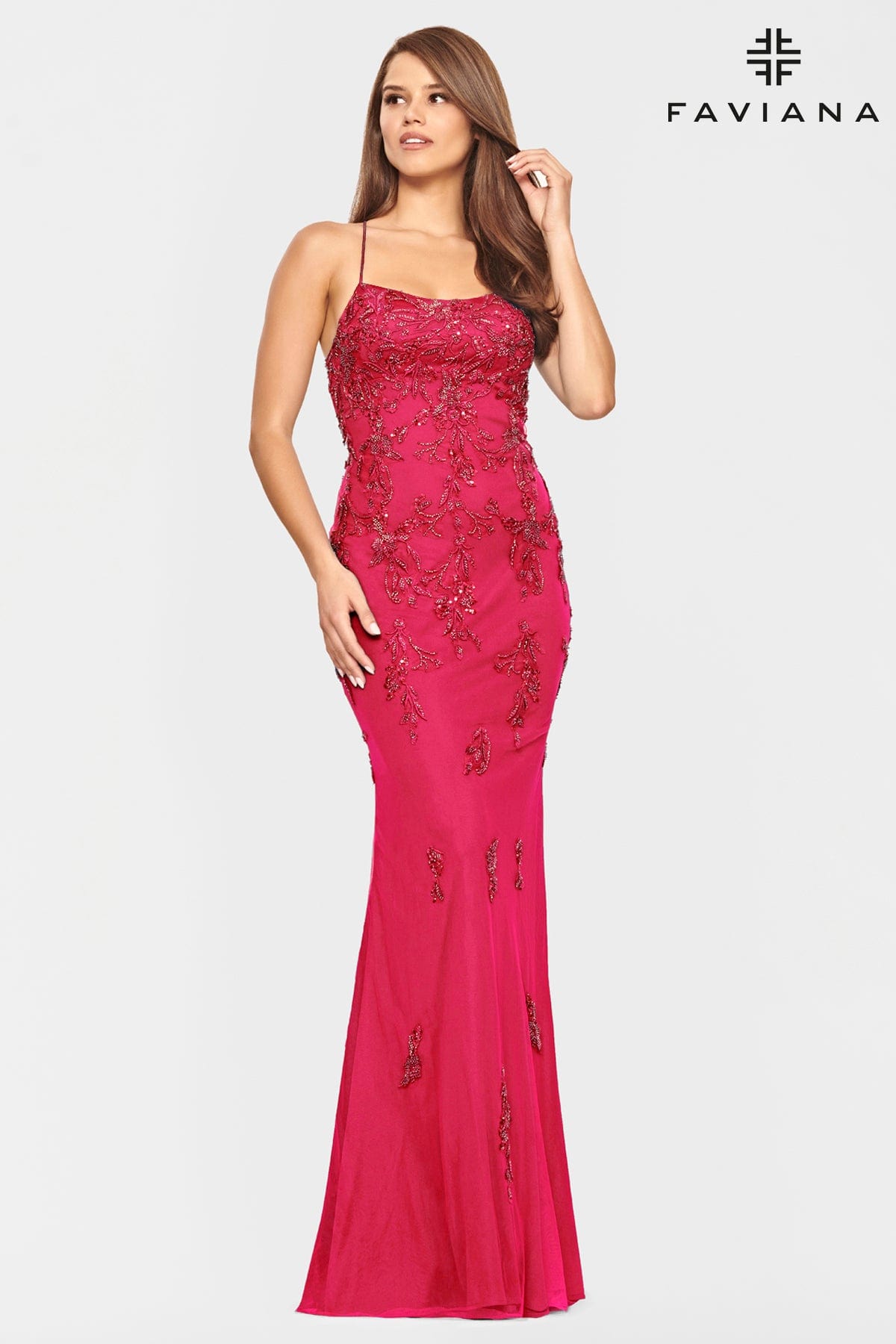 Long Tulle Prom Dress With Beaded Applique And Scoop Neckline | S10634