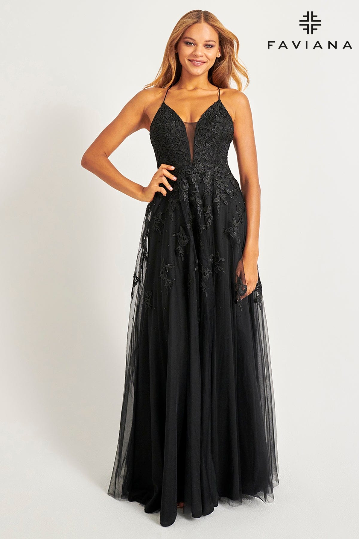 Black Long Lace Deep V Neck Dress With Lace Up Back
