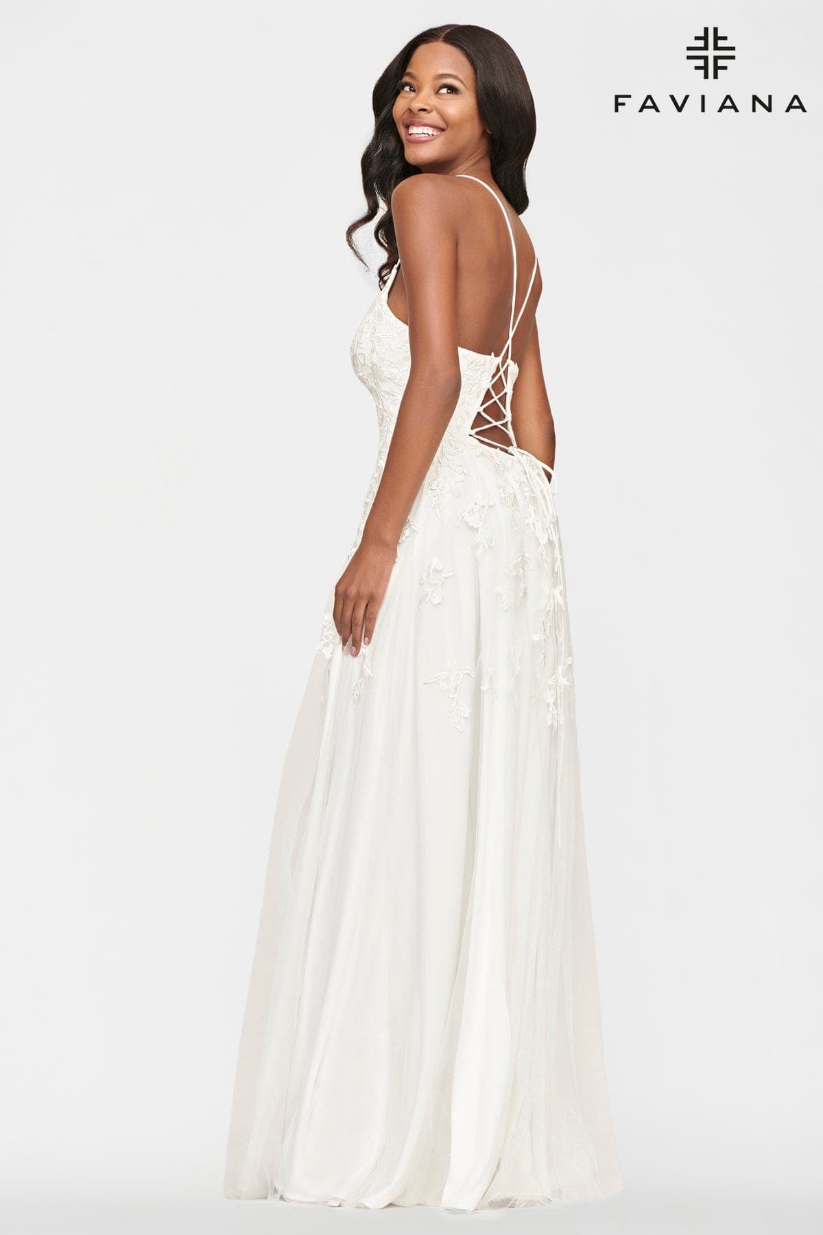White Long Lace Deep V Neck Dress With Lace Up Back | Faviana White Long Lace Deep V Neck Dress With Lace Up Back | Faviana