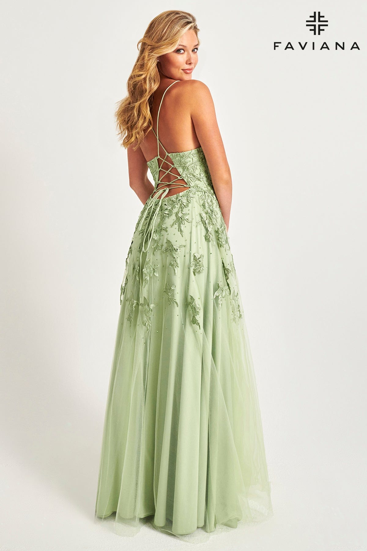 Sage Green Long Lace Deep V Neck Dress With Lace Up Back | Faviana Sage Green Long Lace Deep V Neck Dress With Lace Up Back | Faviana