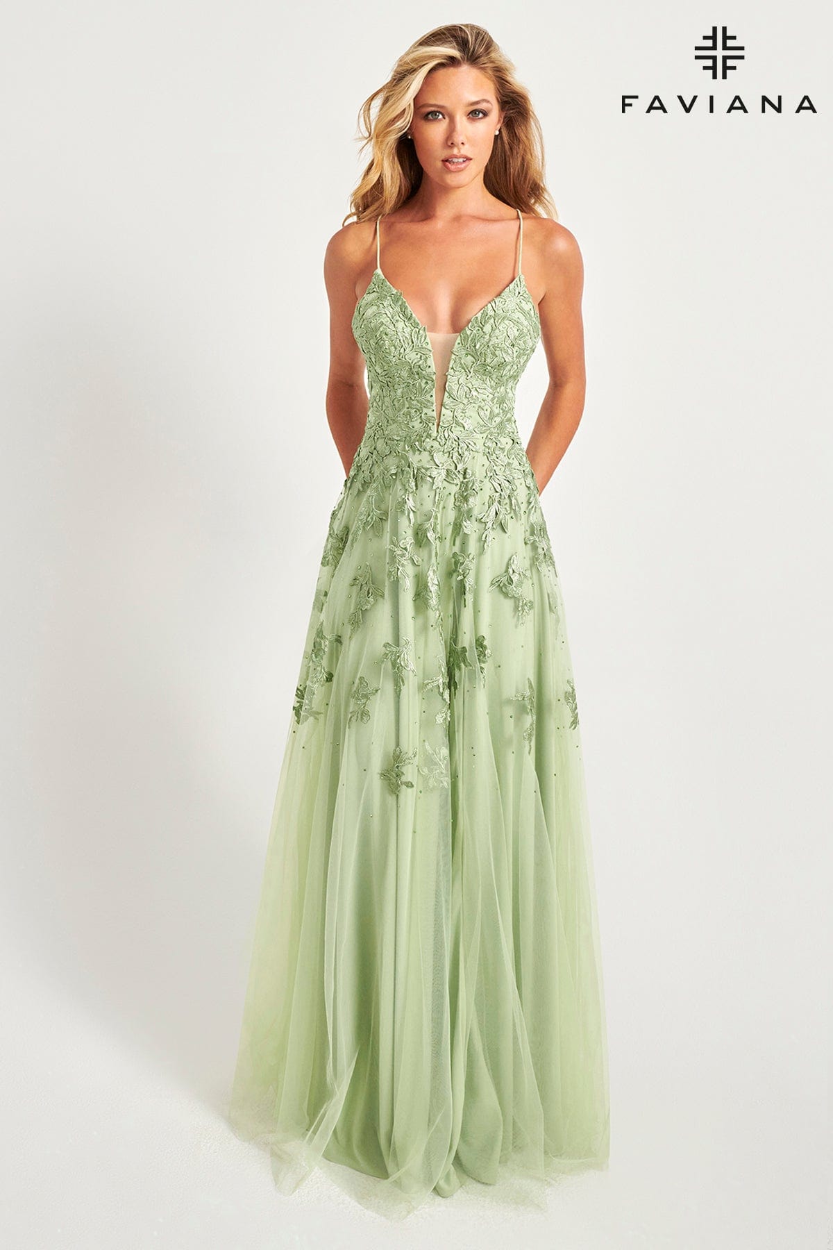 Sage Green Long Lace Deep V Neck Dress With Lace Up Back | Faviana Sage Green Long Lace Deep V Neck Dress With Lace Up Back | Faviana
