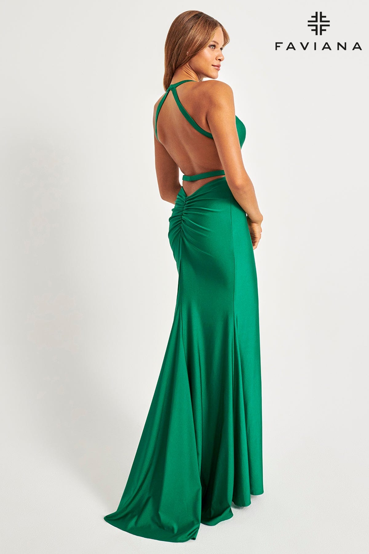 Emerald Tight Long V Neckline Dress With Halter Neck And Open Back