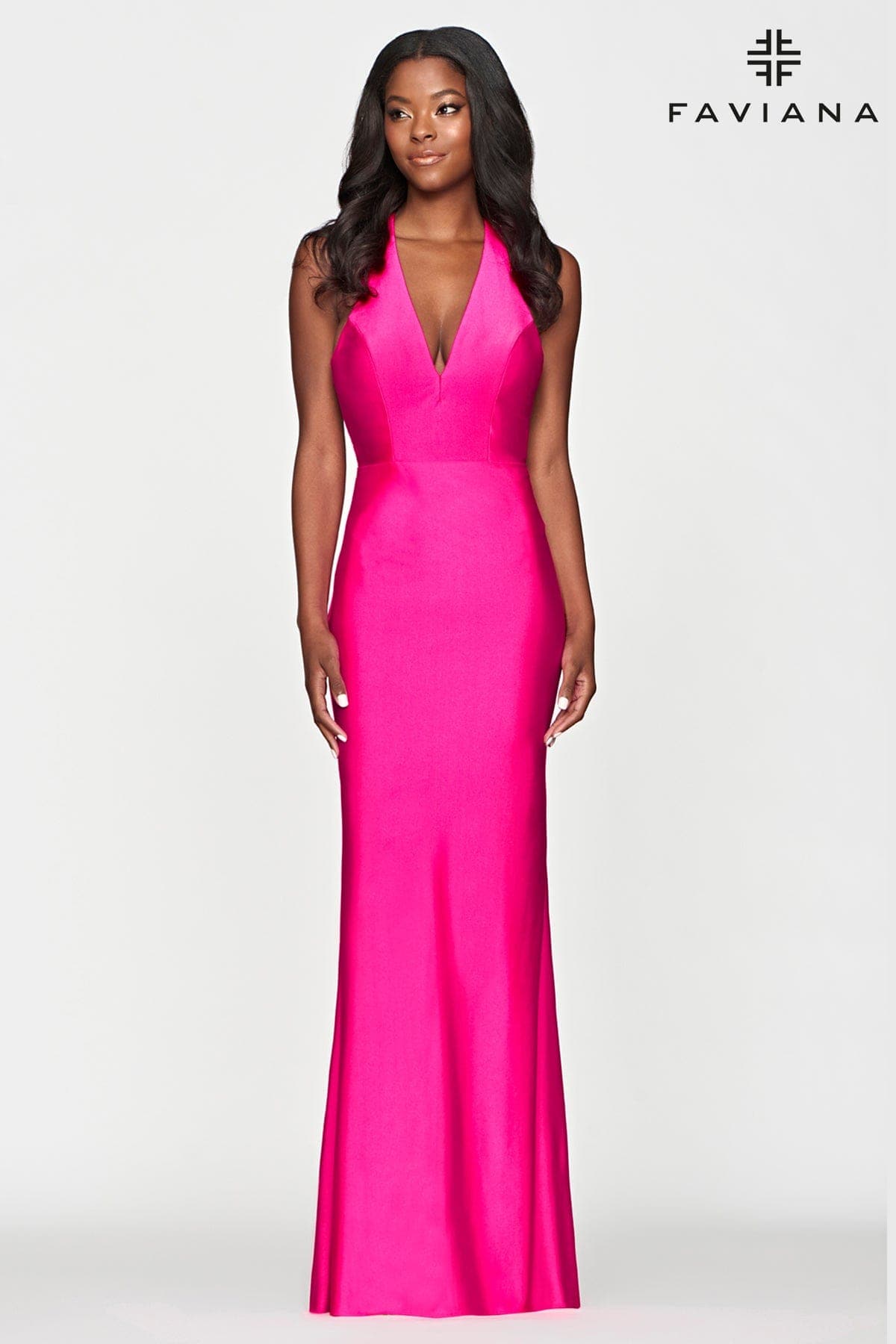Hot Pink Tight Long V Neckline Dress With Halter Neck And Open Back | Faviana Hot Pink Tight Long V Neckline Dress With Halter Neck And Open Back | Faviana