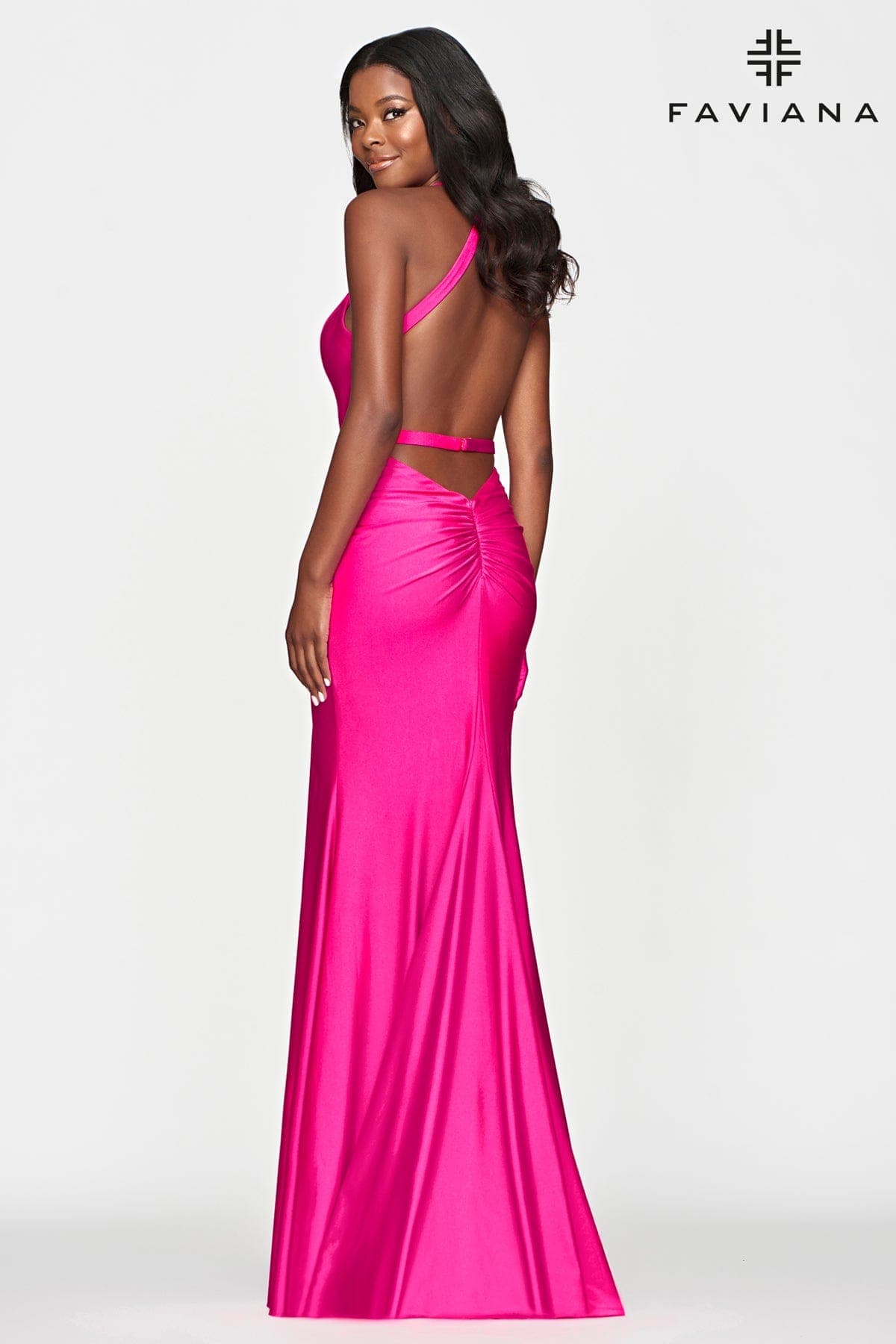 Hot Pink Tight Long V Neckline Dress With Halter Neck And Open Back