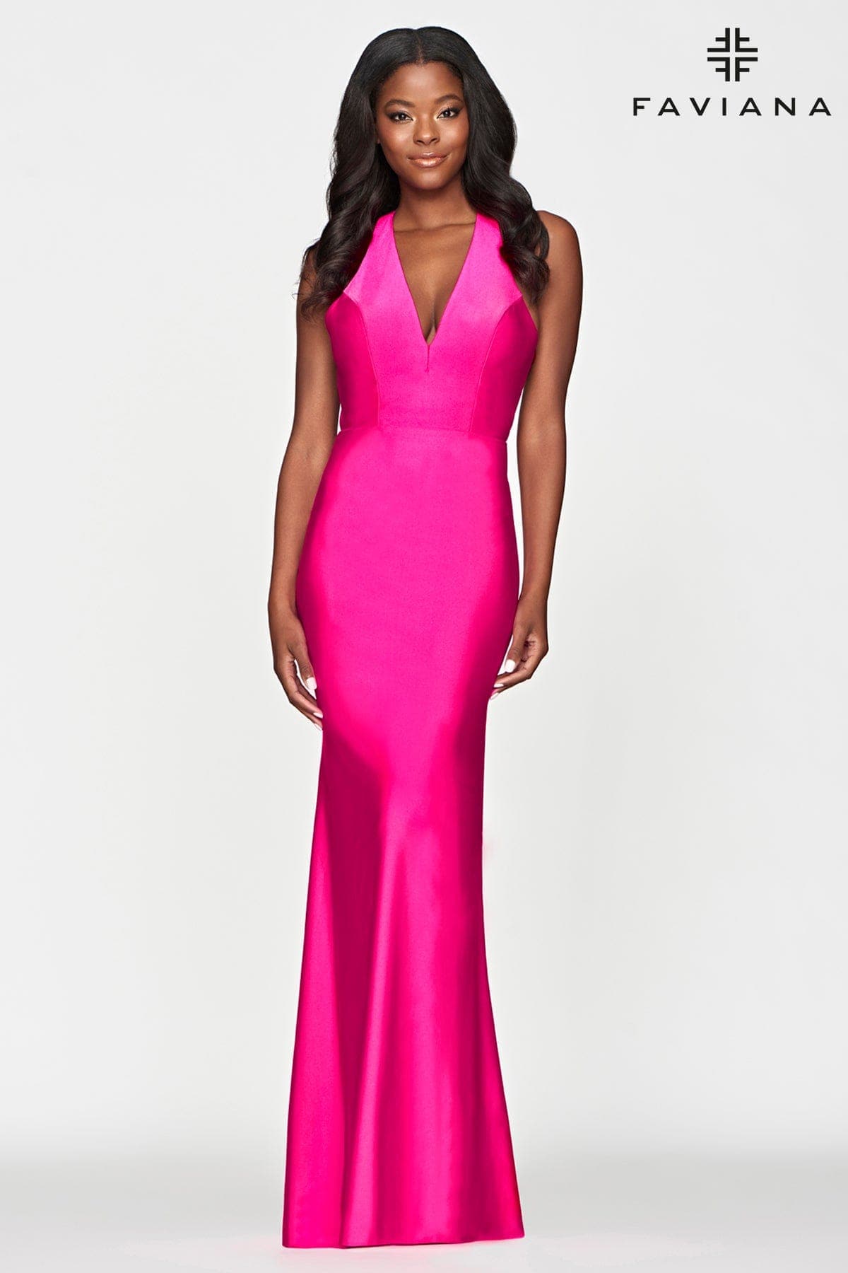Hot Pink Tight Long V Neckline Dress With Halter Neck And Open Back | Faviana Hot Pink Tight Long V Neckline Dress With Halter Neck And Open Back | Faviana