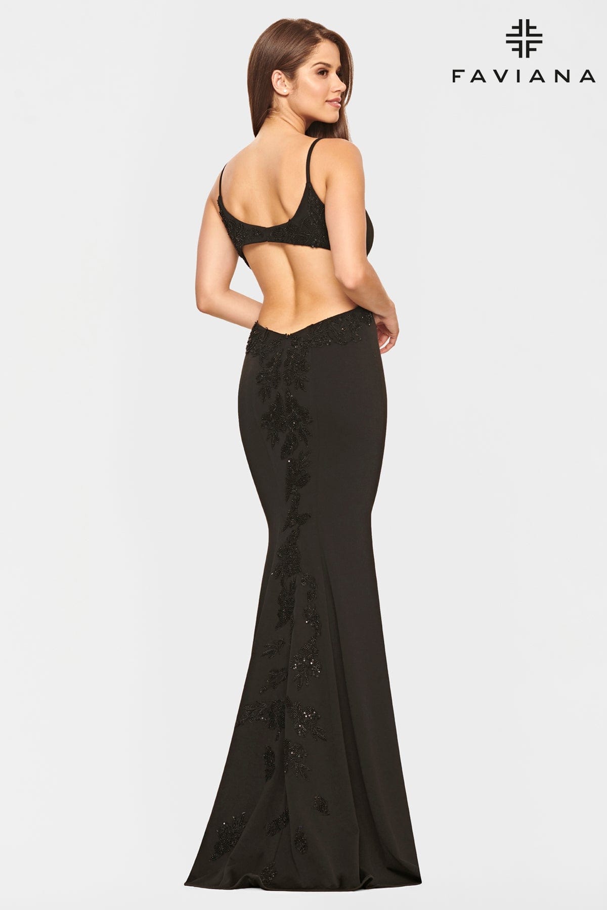 Black Jersey Long Dress With Beaded Lace Applique And Open Back