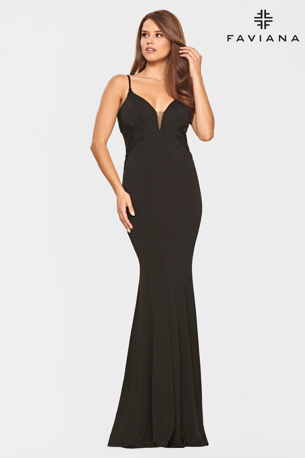 Black Jersey Long Dress With Beaded Lace Applique And Open Back
