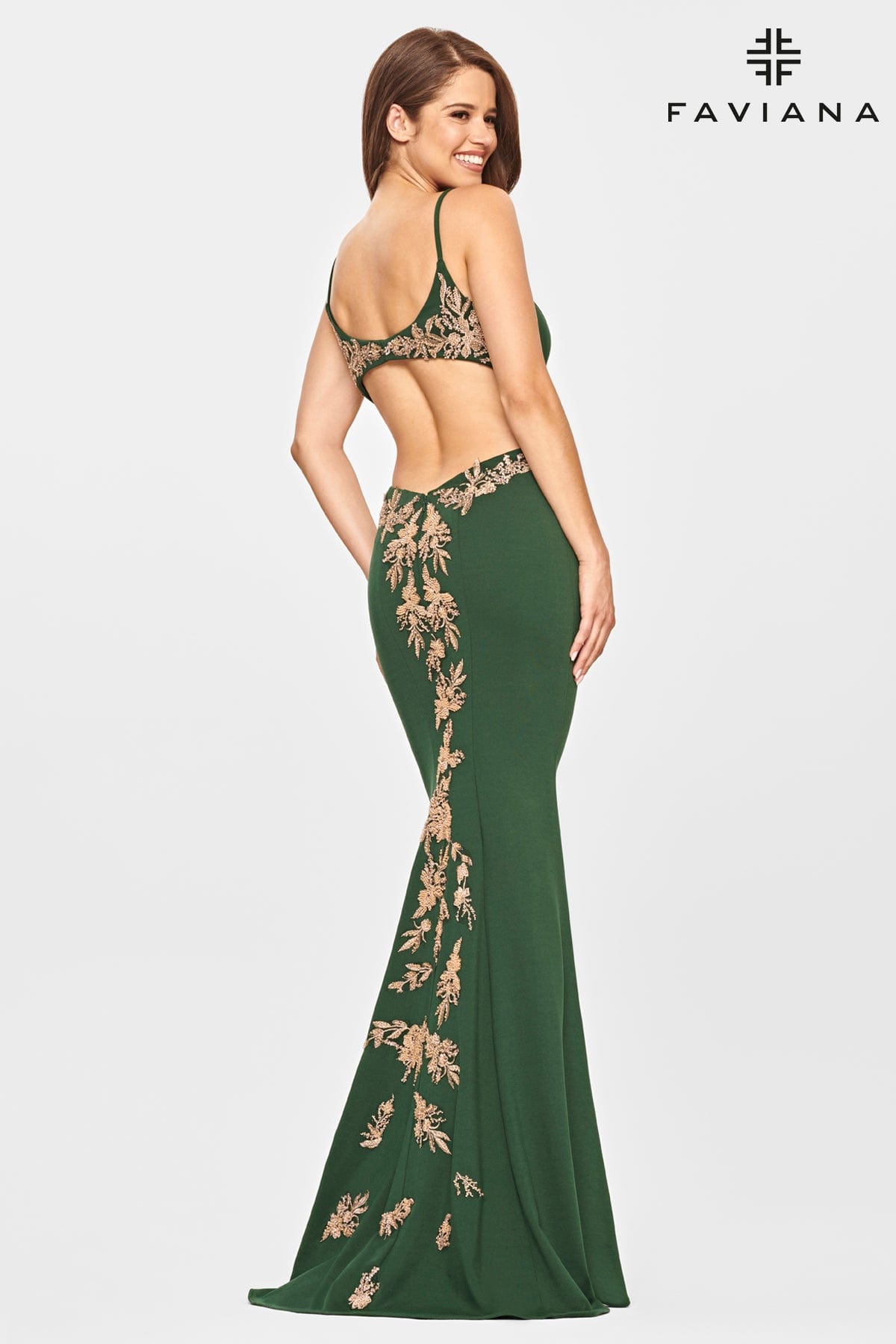 Emerald Jersey Long Dress With Beaded Lace Applique And Open Back | Faviana Emerald Jersey Long Dress With Beaded Lace Applique And Open Back | Faviana