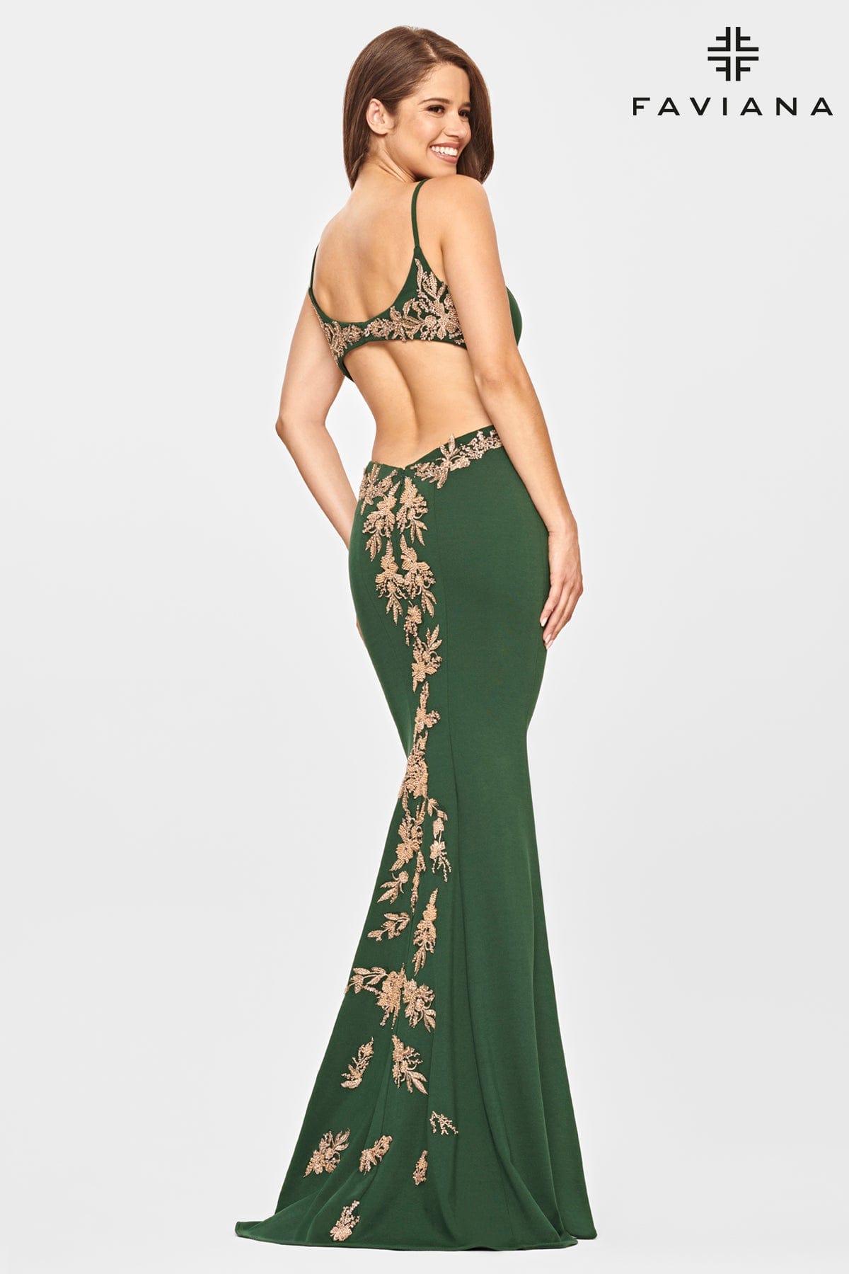 Emerald Jersey Long Dress With Beaded Lace Applique And Open Back