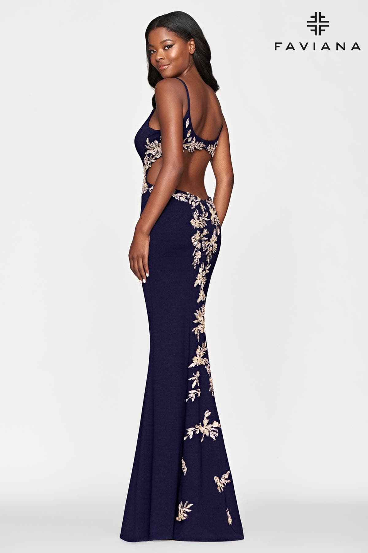 Navy Jersey Long Dress With Beaded Lace Applique And Open Back