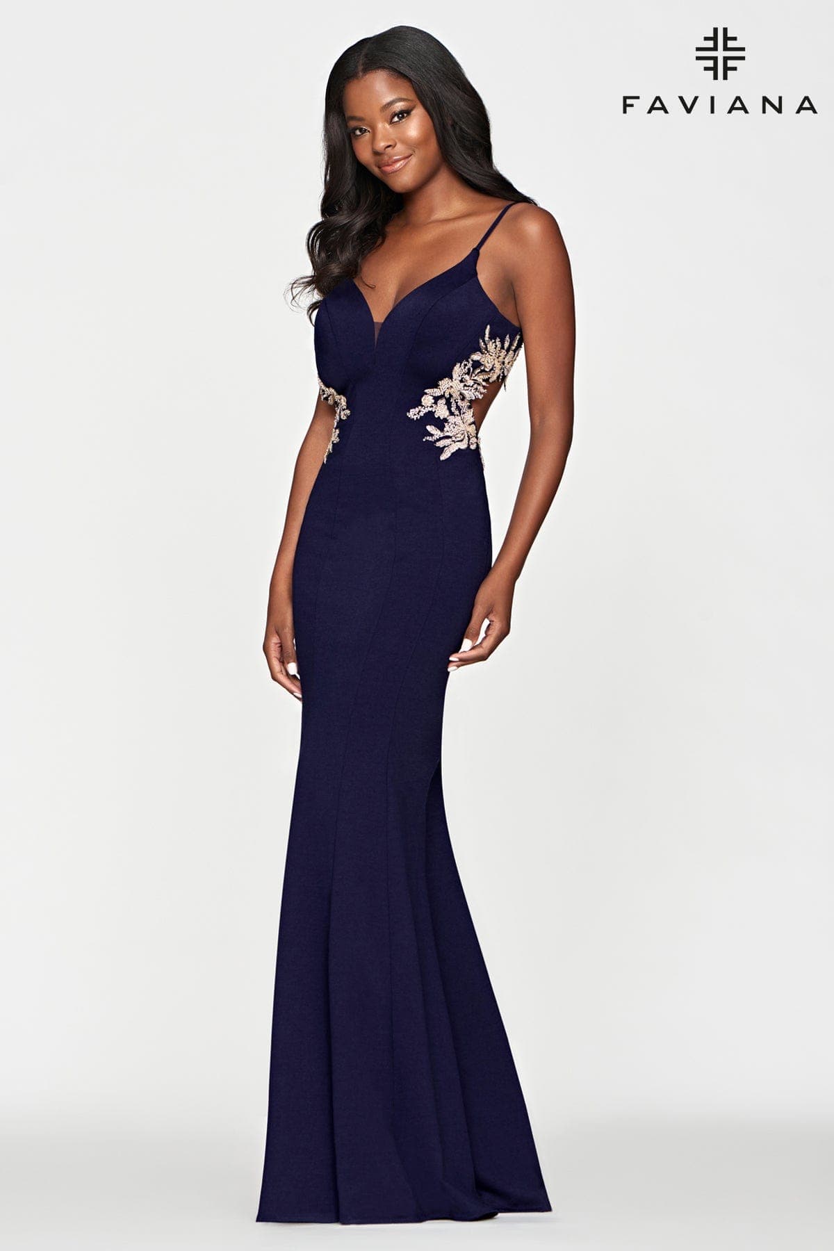 Navy Jersey Long Dress With Beaded Lace Applique And Open Back