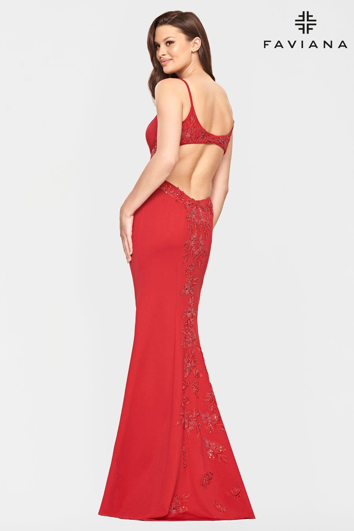 Red Jersey Long Dress With Beaded Lace Applique And Open Back