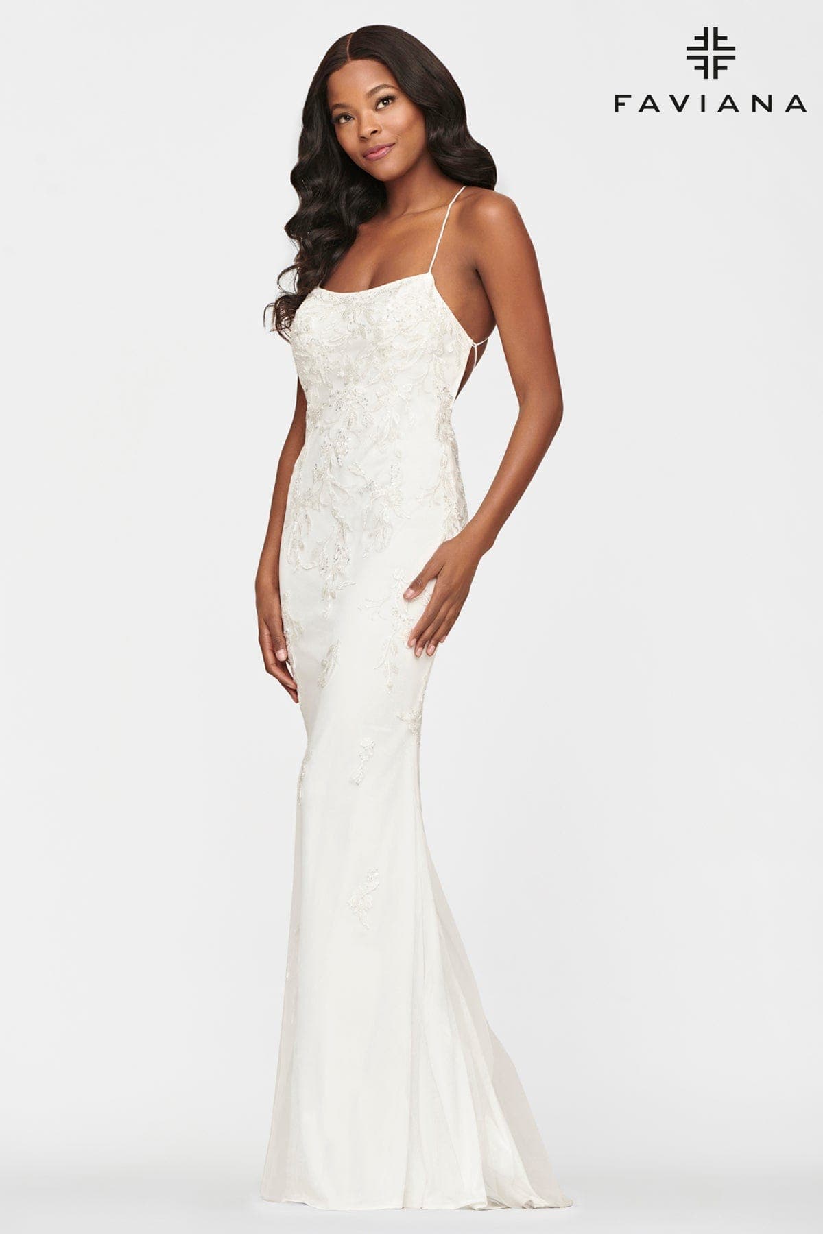 White Long Tulle Prom Dress With Beaded Applique And Scoop Neckline | Faviana White Long Tulle Prom Dress With Beaded Applique And Scoop Neckline | Faviana