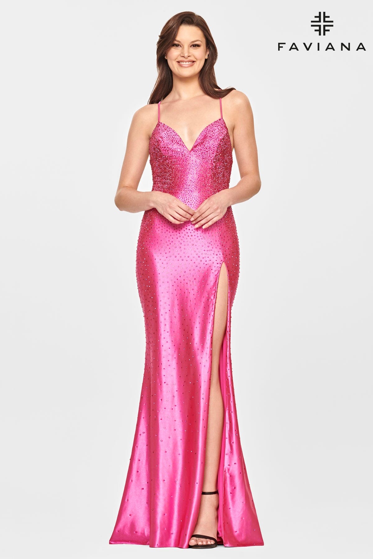 Hot Pink V Neck Prom Dress With Rhinestone Beading And Open Lace Back