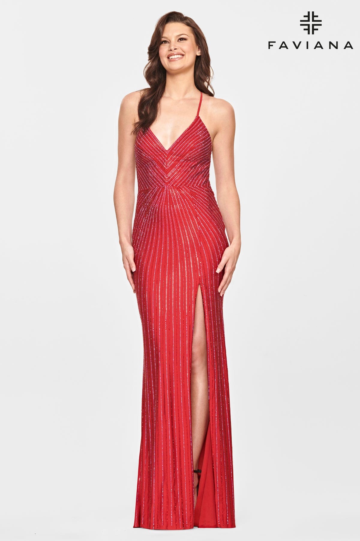 Ruby Long V Neck Dress With Beading And Open Back