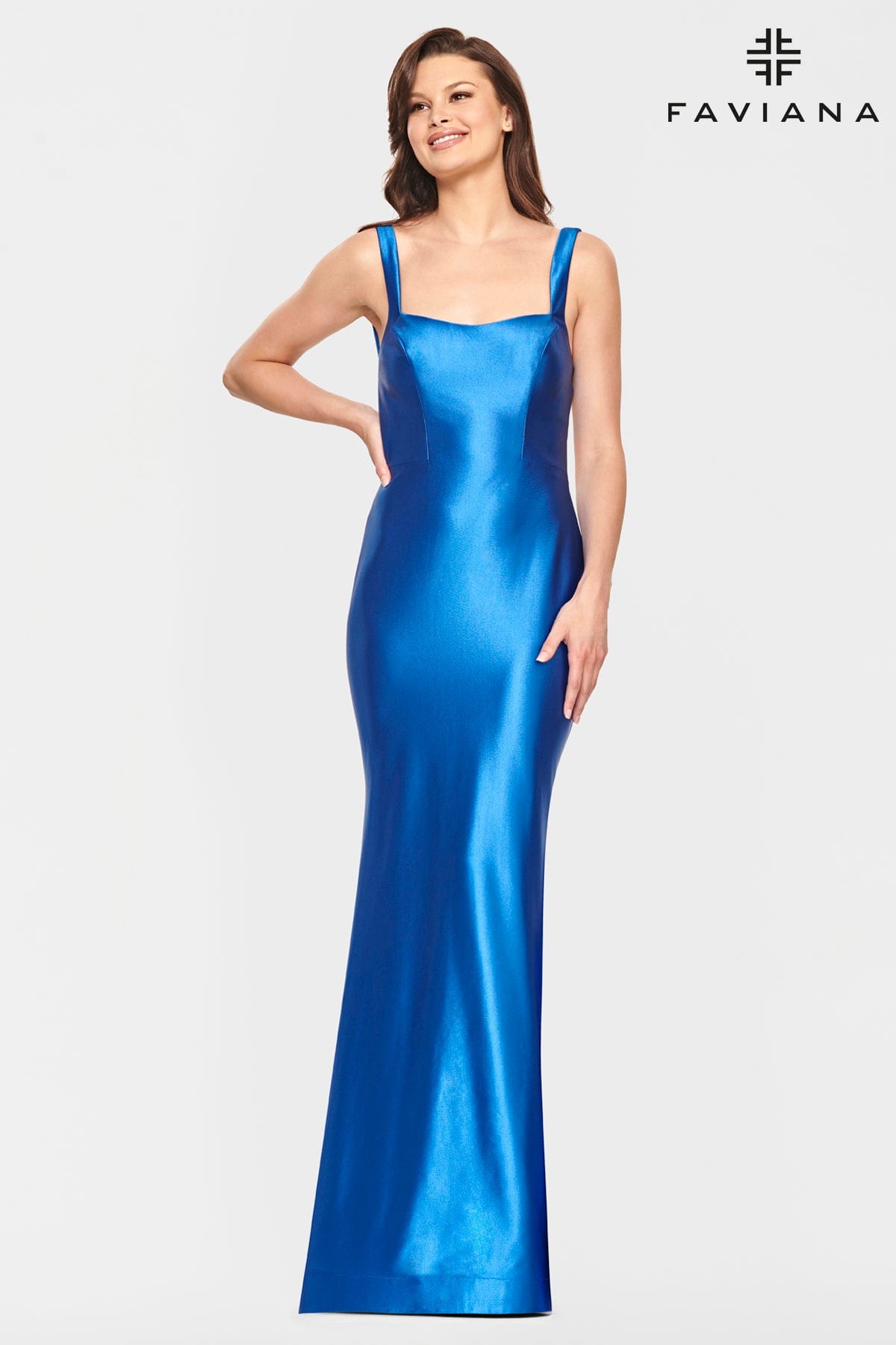 Cobalt Blue Satin Scoop Neck Dress With Strappy Open Back Detailing And Fit And Flare Skirt