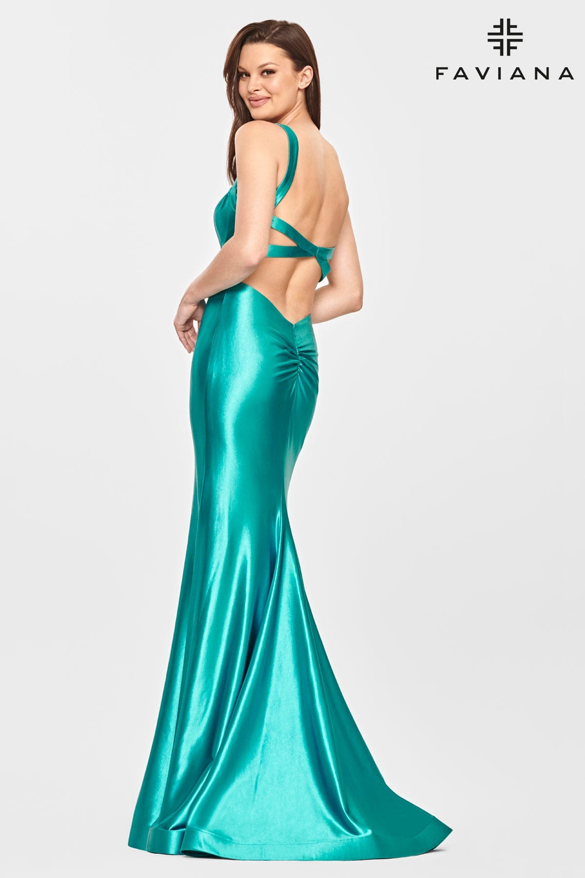 Peacock Satin Scoop Neck Dress With Strappy Open Back Detailing And Fit And Flare Skirt