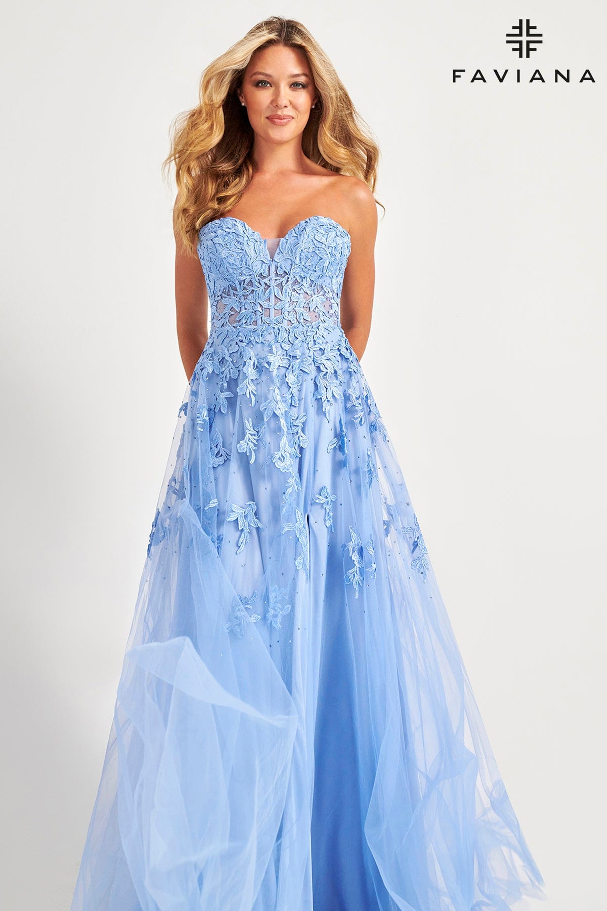 Long Tulle Prom Dress With Corset Bodice And Lace Applique | Faviana Long Tulle Prom Dress With Corset Bodice And Lace Applique | Faviana