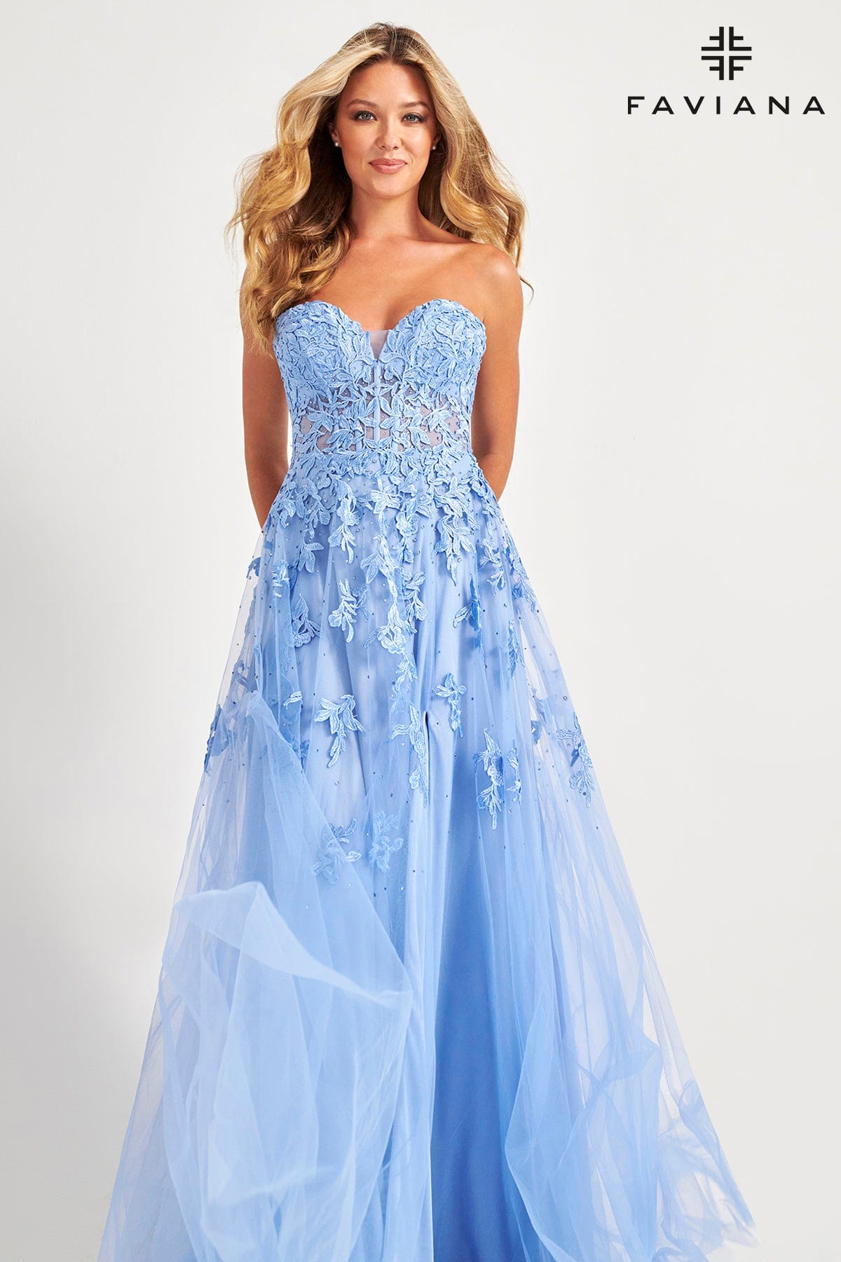 Cloud Blue Long Tulle Prom Dress With Corset Bodice And Lace Applique