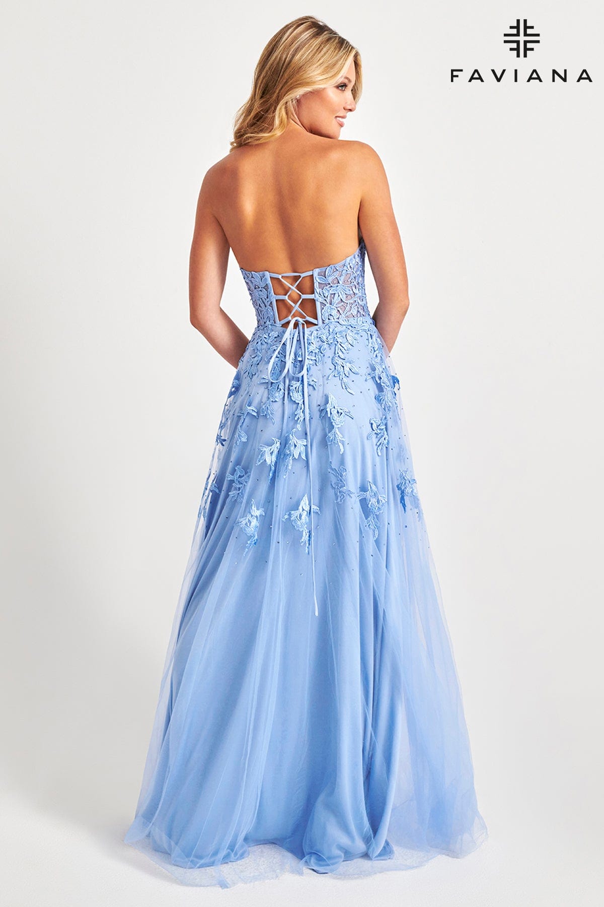 Cloud Blue Long Tulle Prom Dress With Corset Bodice And Lace Applique | Faviana Cloud Blue Long Tulle Prom Dress With Corset Bodice And Lace Applique | Faviana