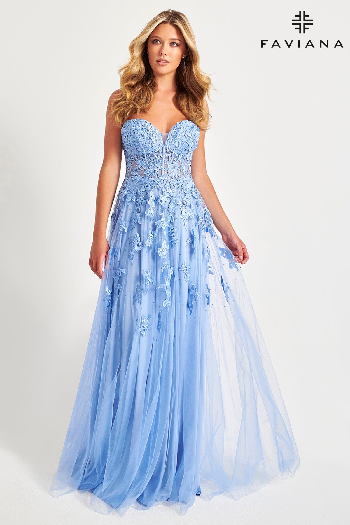Cloud Blue Long Tulle Prom Dress With Corset Bodice And Lace Applique