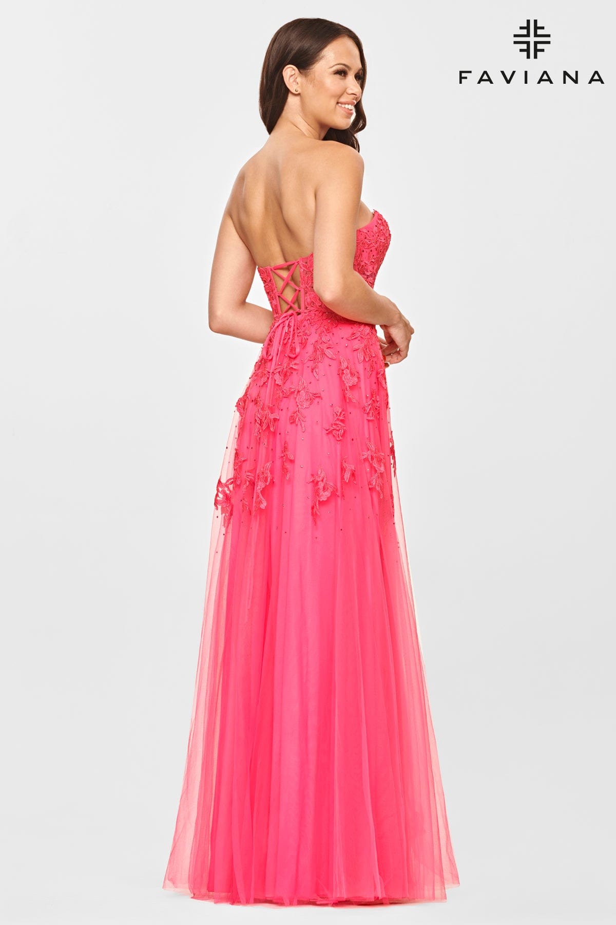 Hot Pink Long Tulle Prom Dress With Corset Bodice And Lace Applique