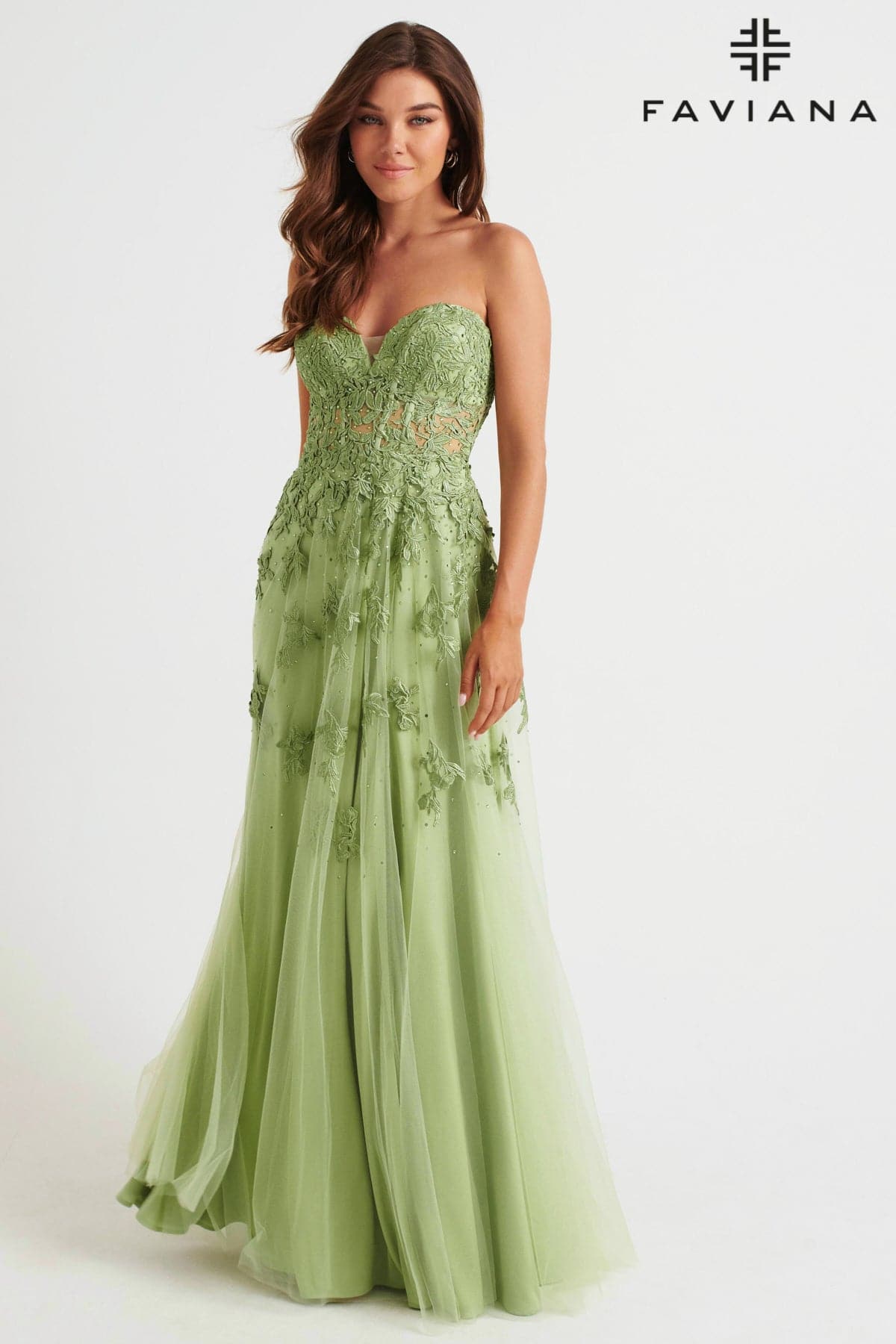 Long Tulle Prom Dress With Corset Bodice And Lace Applique | Faviana Long Tulle Prom Dress With Corset Bodice And Lace Applique | Faviana