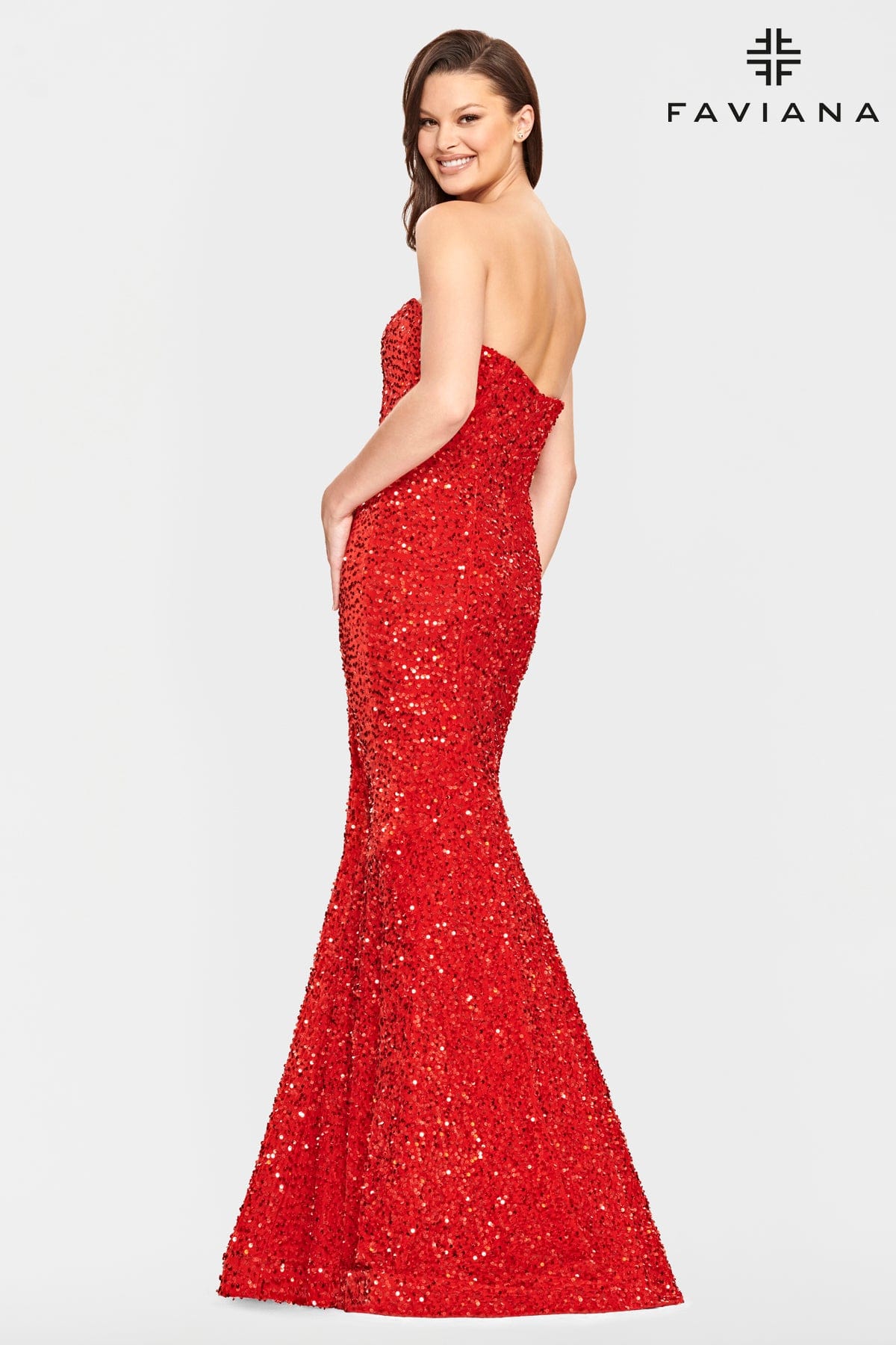Red Long Velvet Sequin Strapless Dress With Mermaid Skirt