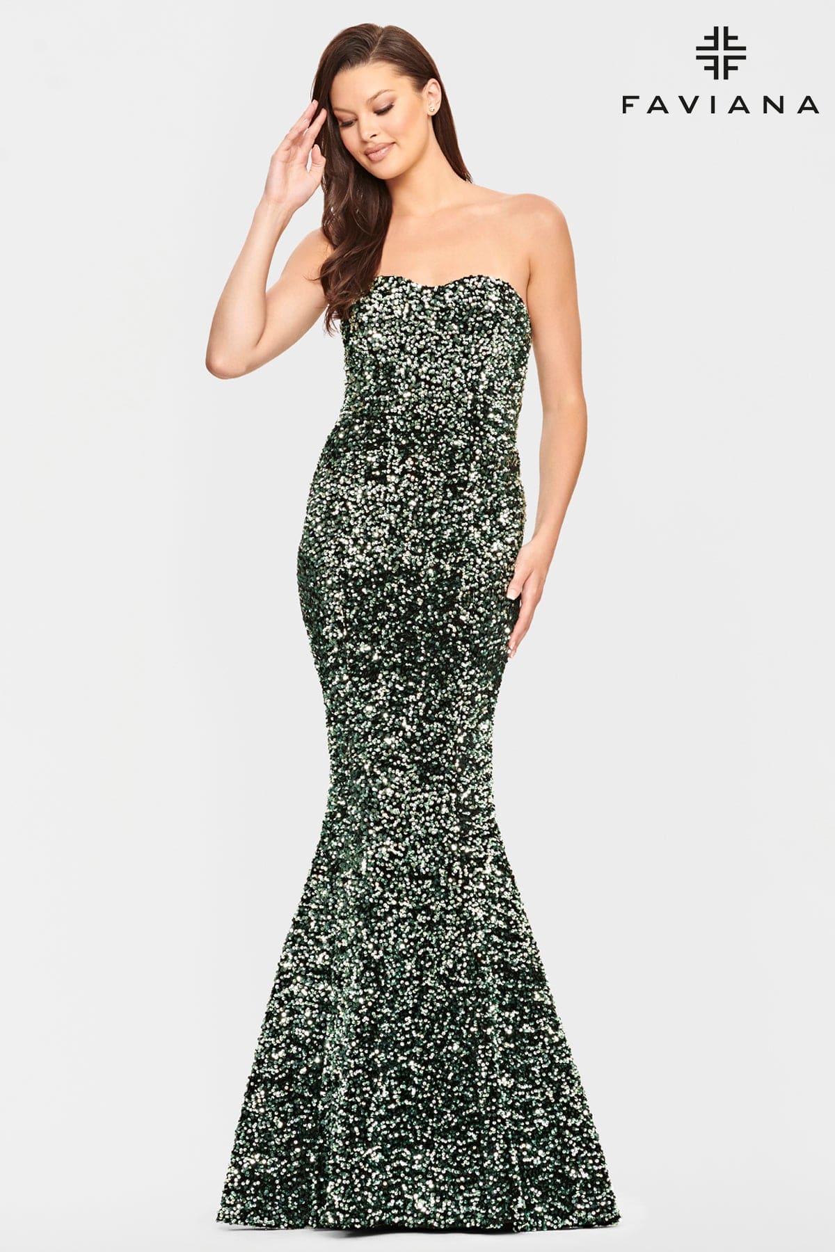 Green Long Velvet Sequin Strapless Dress With Mermaid Skirt