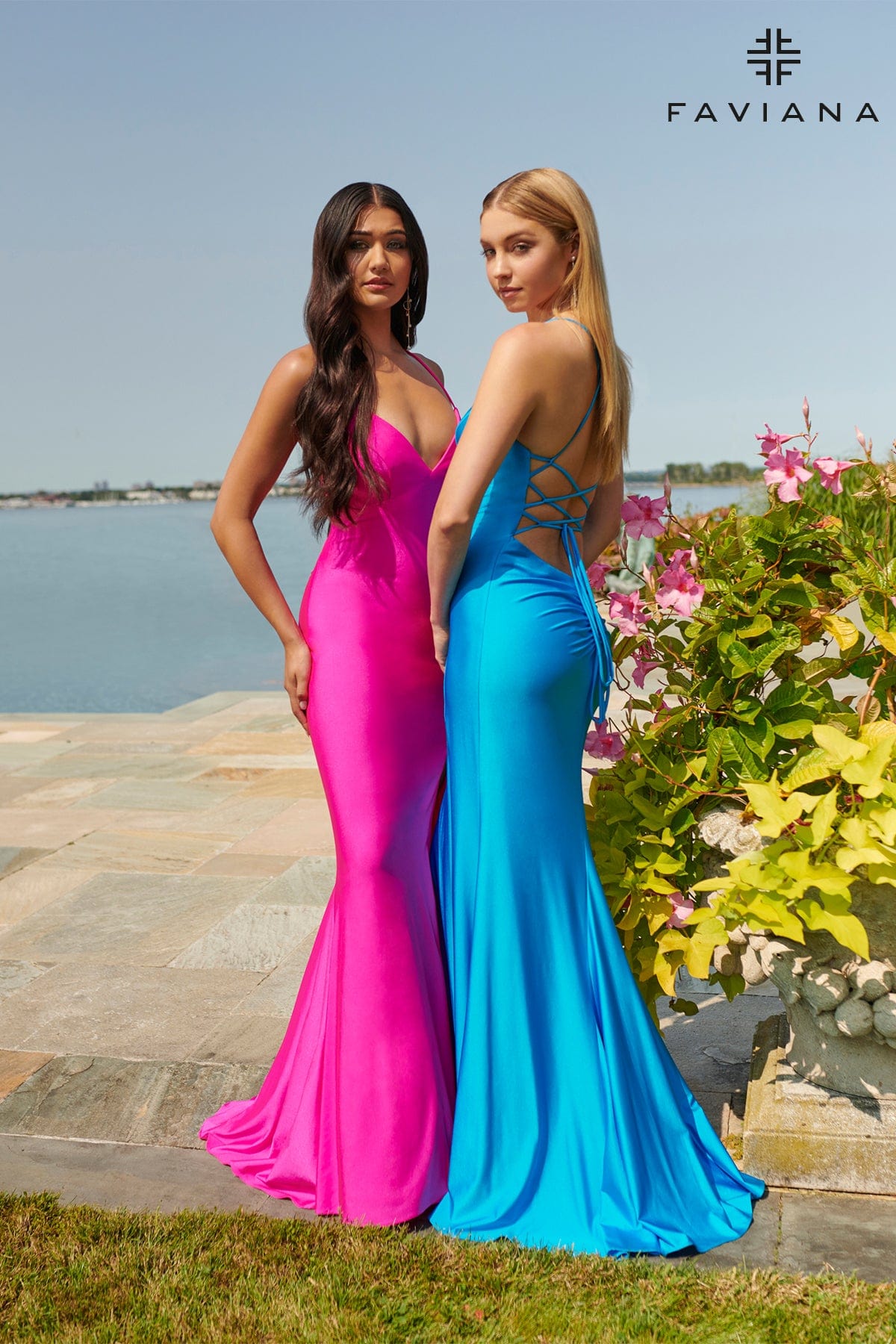 Sea Blue V Neckline Prom Dress With Stretch Fabric And Corset Back | Faviana Sea Blue V Neckline Prom Dress With Stretch Fabric And Corset Back | Faviana