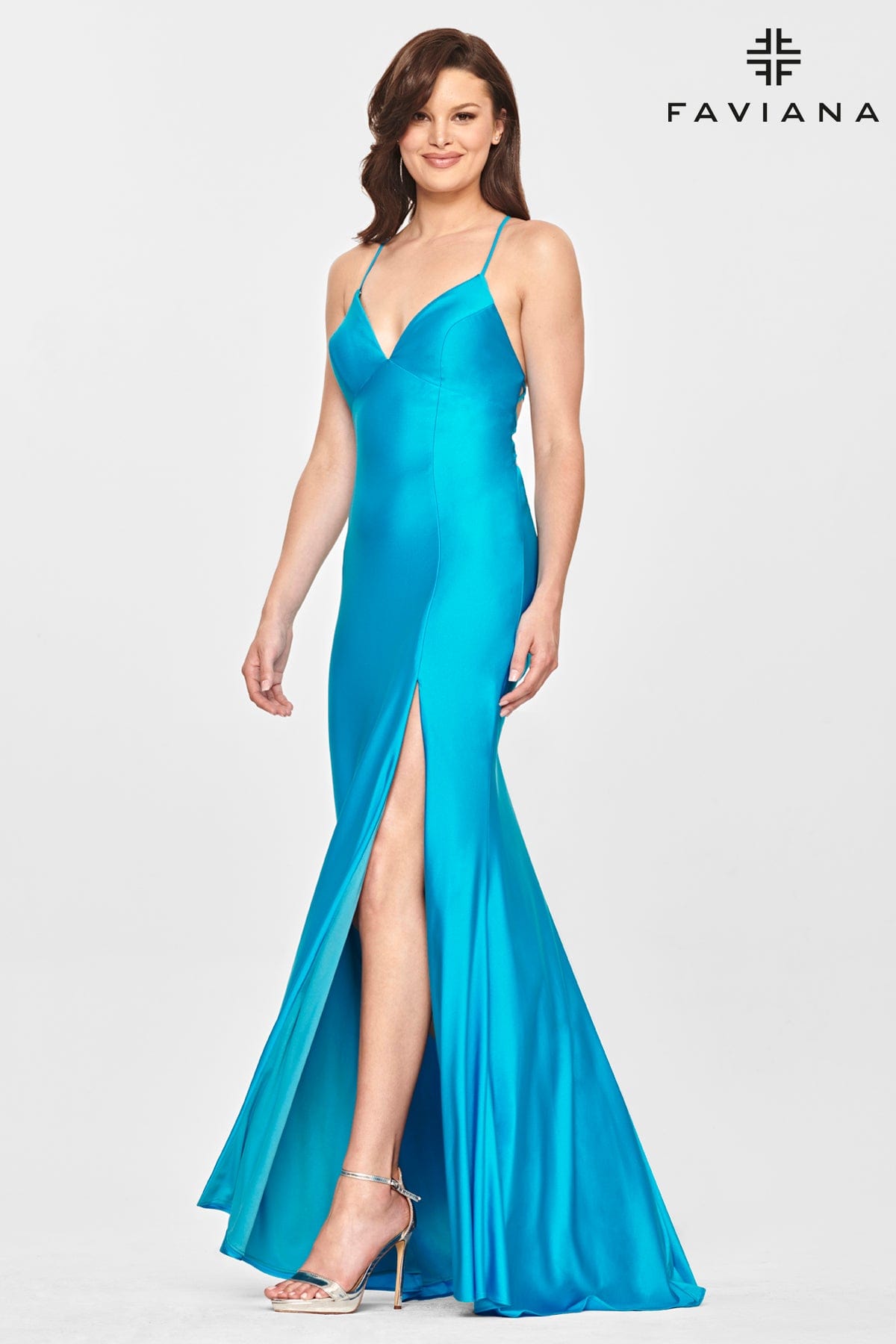 Sea Blue V Neckline Prom Dress With Stretch Fabric And Corset Back