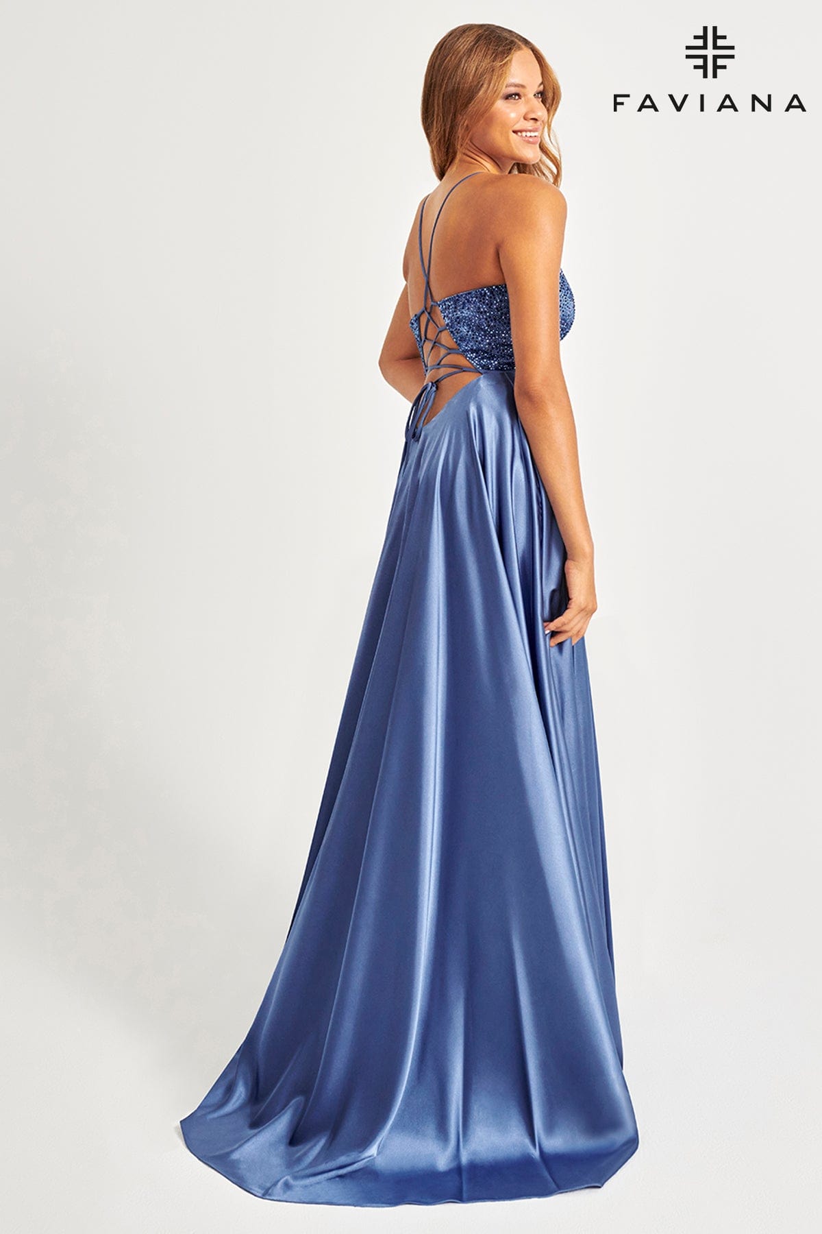 Steel Blue Long Charmeuse Dress With Beaded Corset And Flowy Skirt