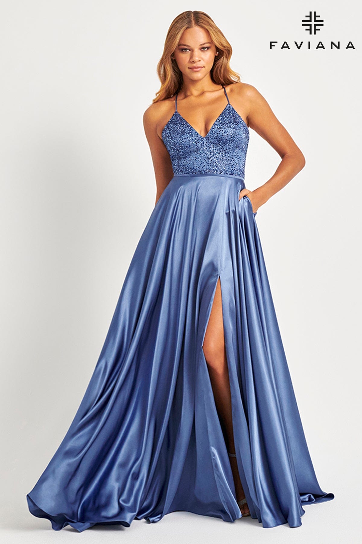 Steel Blue Long Charmeuse Dress With Beaded Corset And Flowy Skirt