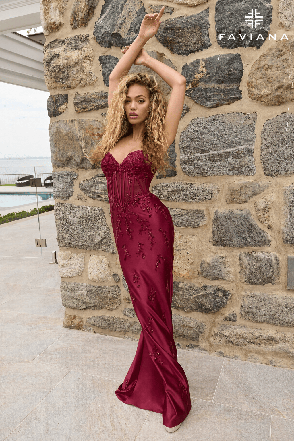 Beaded Appliqué Satin Strapless Corset Dress With Knot Back Detail | 11639