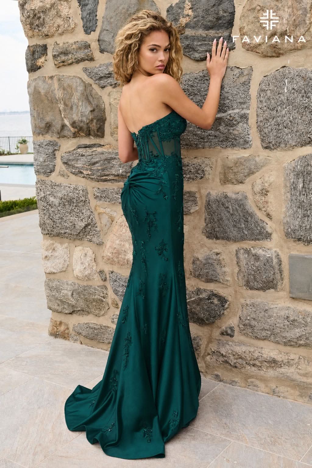 Beaded Appliqué Satin Strapless Corset Dress With Knot Back Detail | 11639