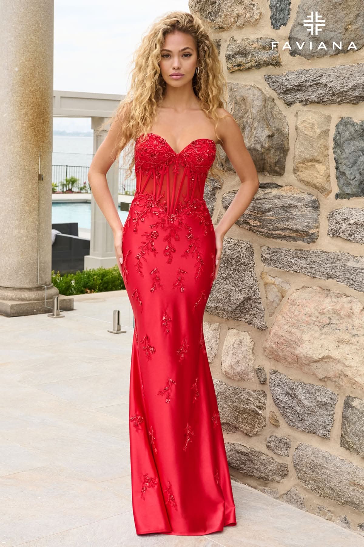 Beaded Appliqué Satin Strapless Corset Dress With Knot Back Detail | 11639