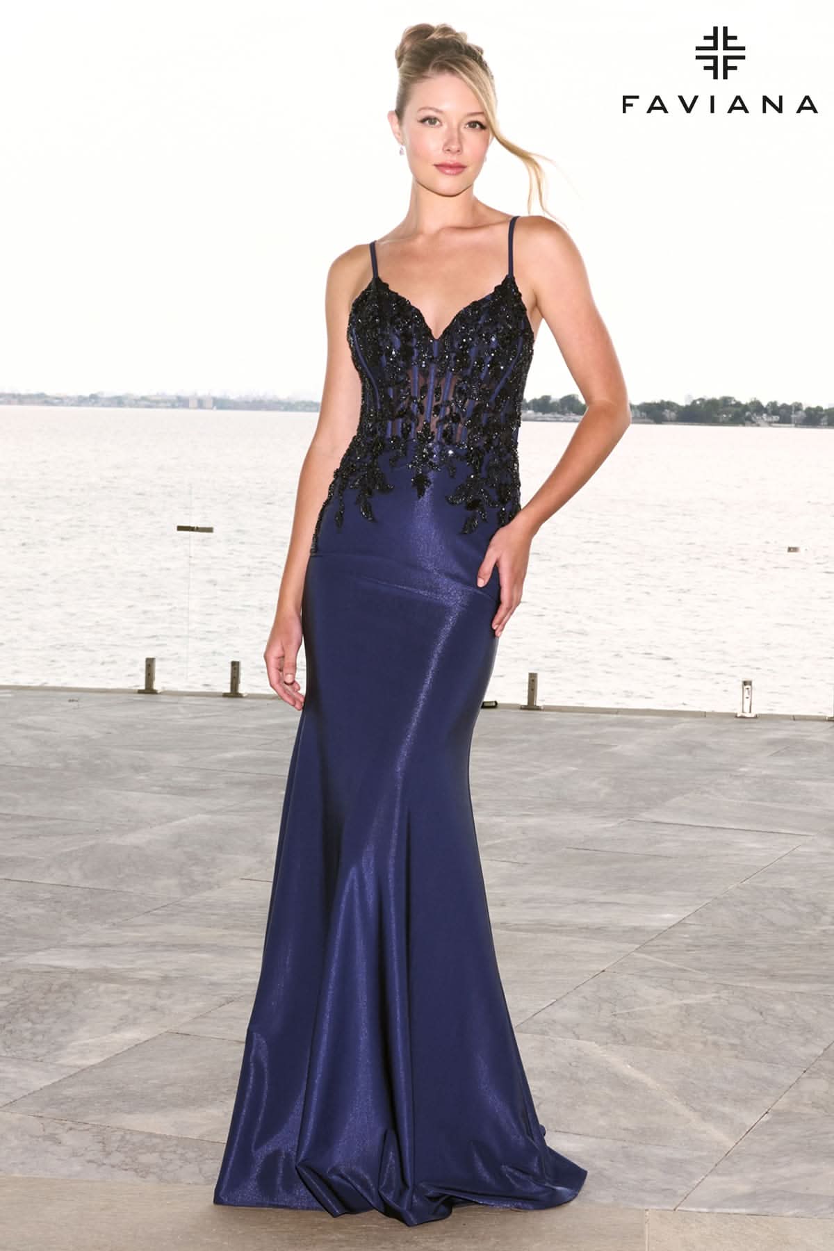 Navy Beaded Corset Sparkle Stretch Jersey Mermaid Gown | 11608