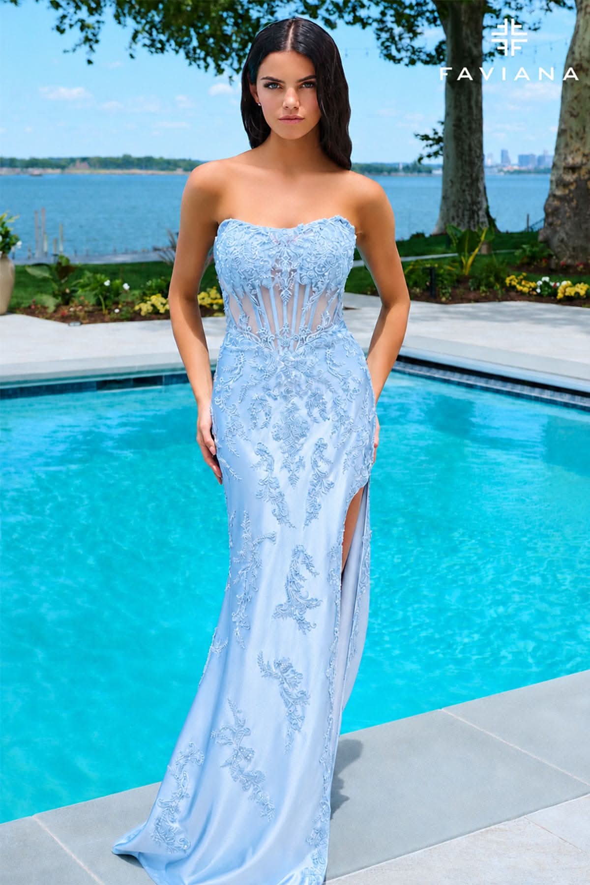 Beaded Lace Strapless Satin Corset Gown With Lace-Up Back | 11625
