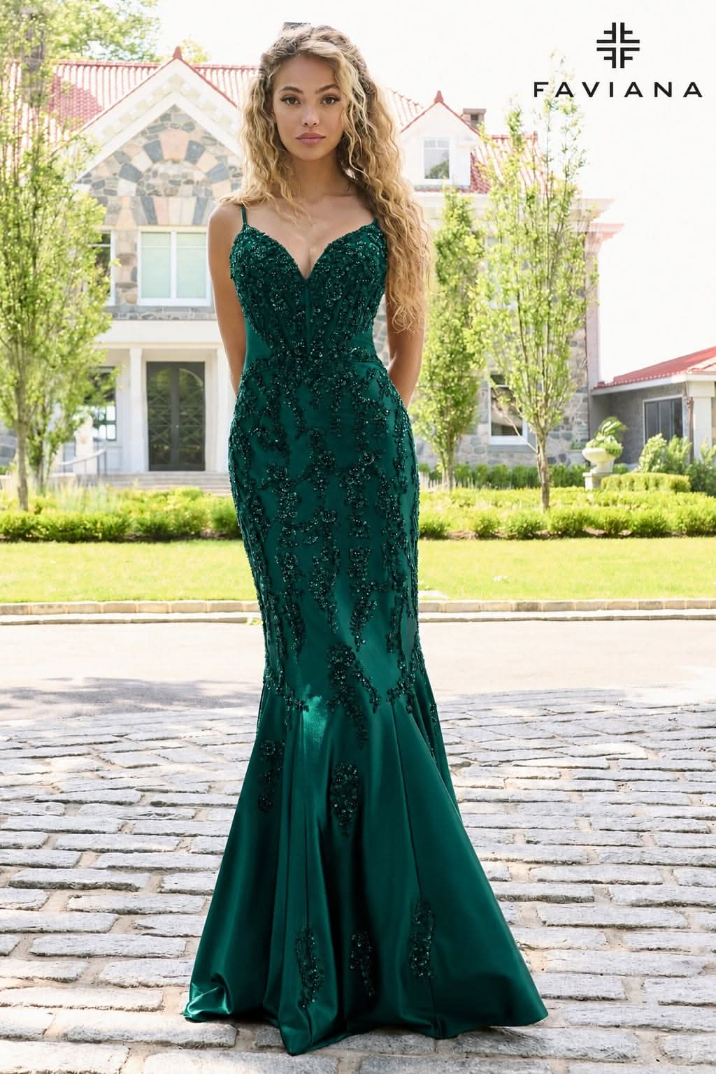 Beaded Satin Mermaid Gown With Open Back And Mesh Side Detail | 11638