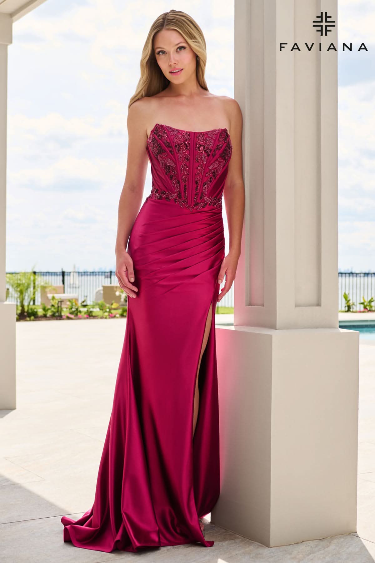 Beaded Satin Strapless Bustier Dress With Gathered Pleating | 11606
