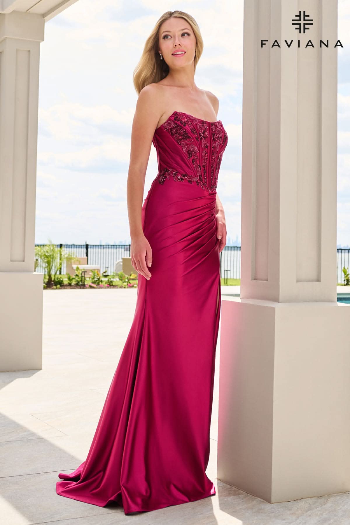 Beaded Satin Strapless Bustier Dress With Gathered Pleating | 11606