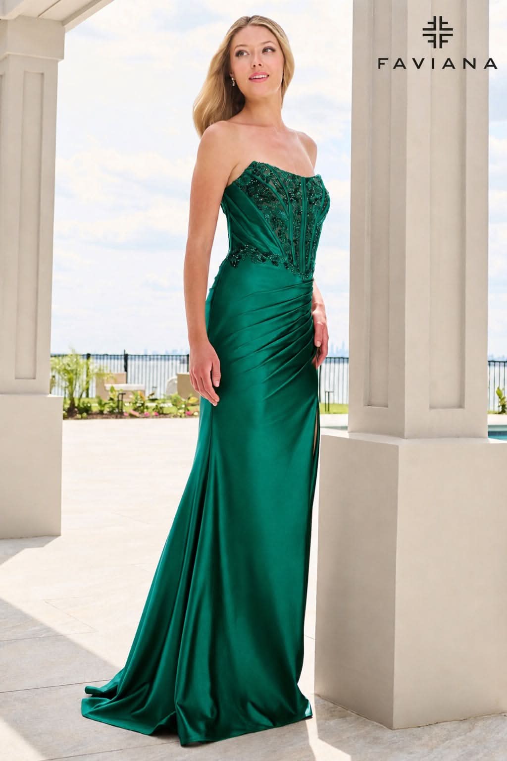 Beaded Satin Strapless Bustier Dress With Gathered Pleating | 11606