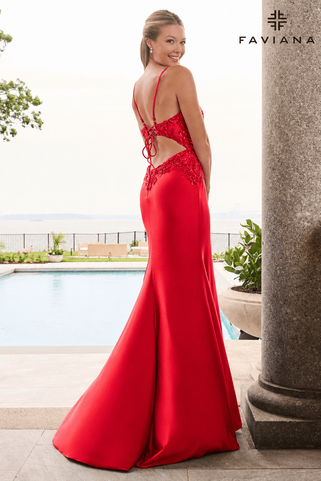 Beaded Stretch Charmeuse Gown With Open Back And Lace-Up Detail | 11656