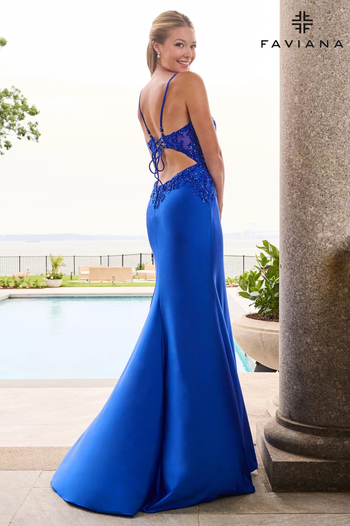 Beaded Stretch Charmeuse Gown With Open Back And Lace-Up Detail | 11656