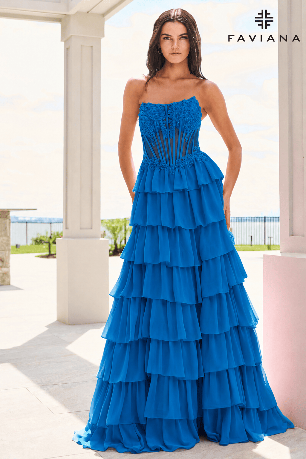 Chiffon Flowy Long Tiered Dress With Beaded Corset | 11629