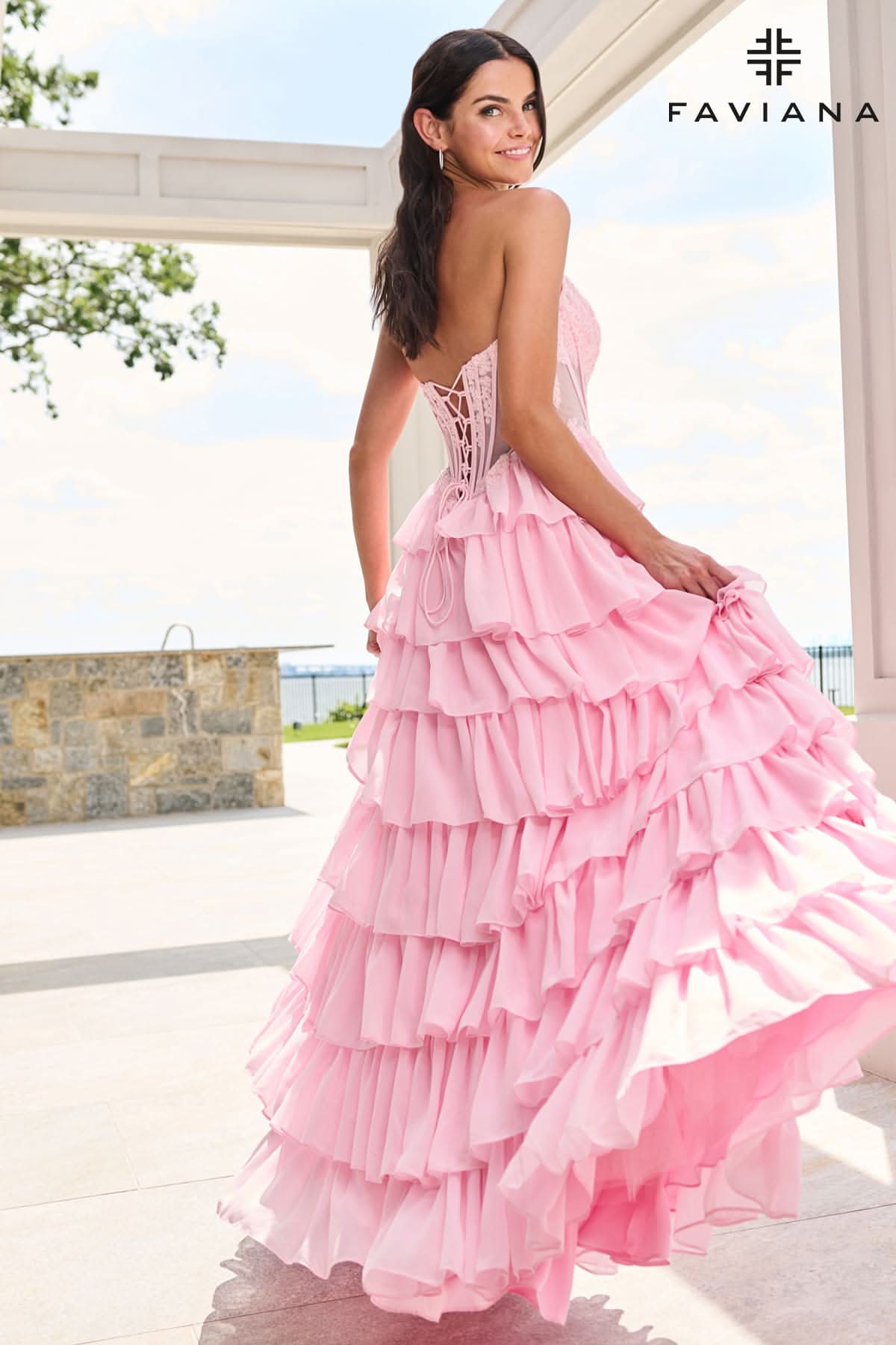 Chiffon Flowy Long Tiered Dress With Beaded Corset | 11629