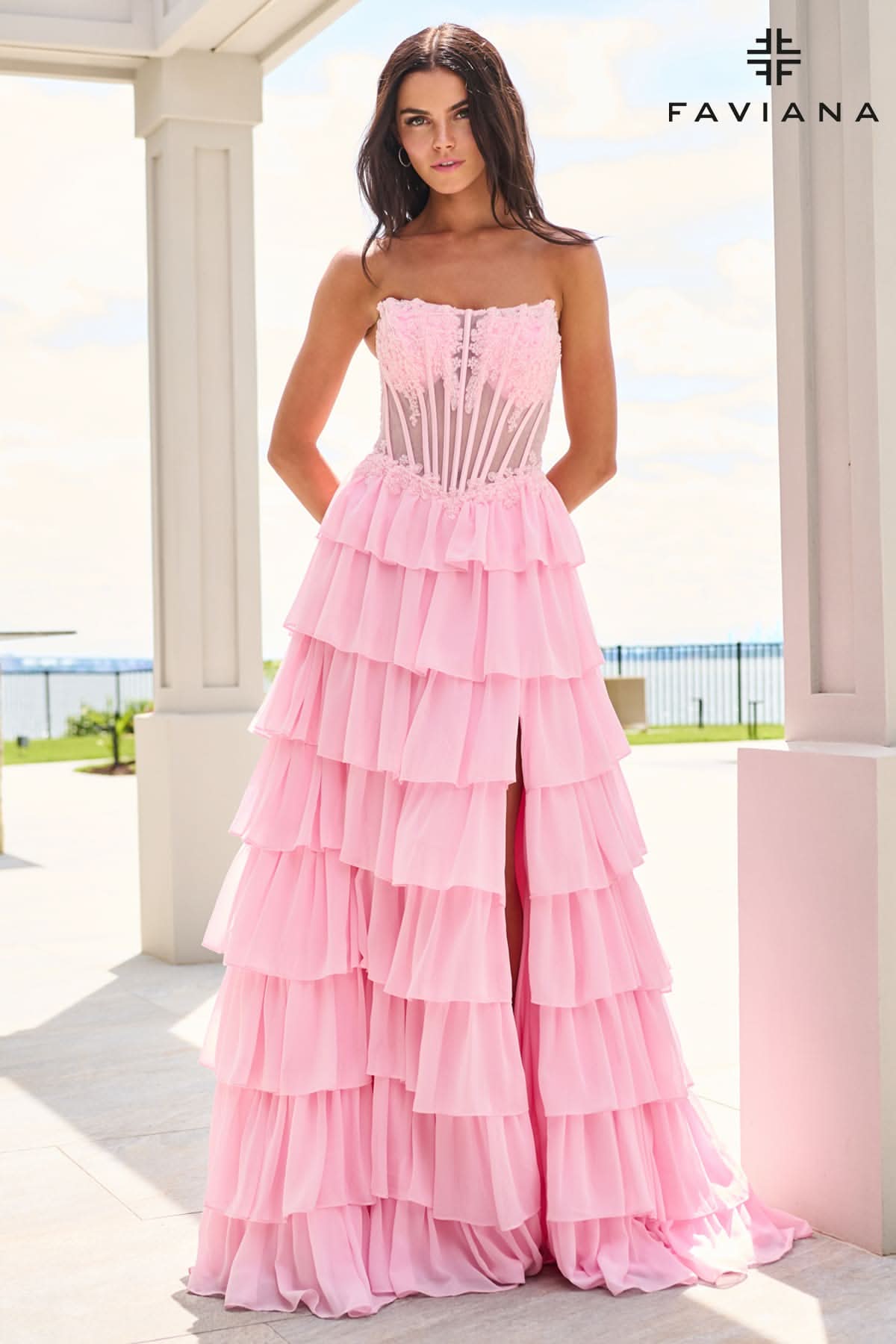 Chiffon Flowy Long Tiered Dress With Beaded Corset | 11629