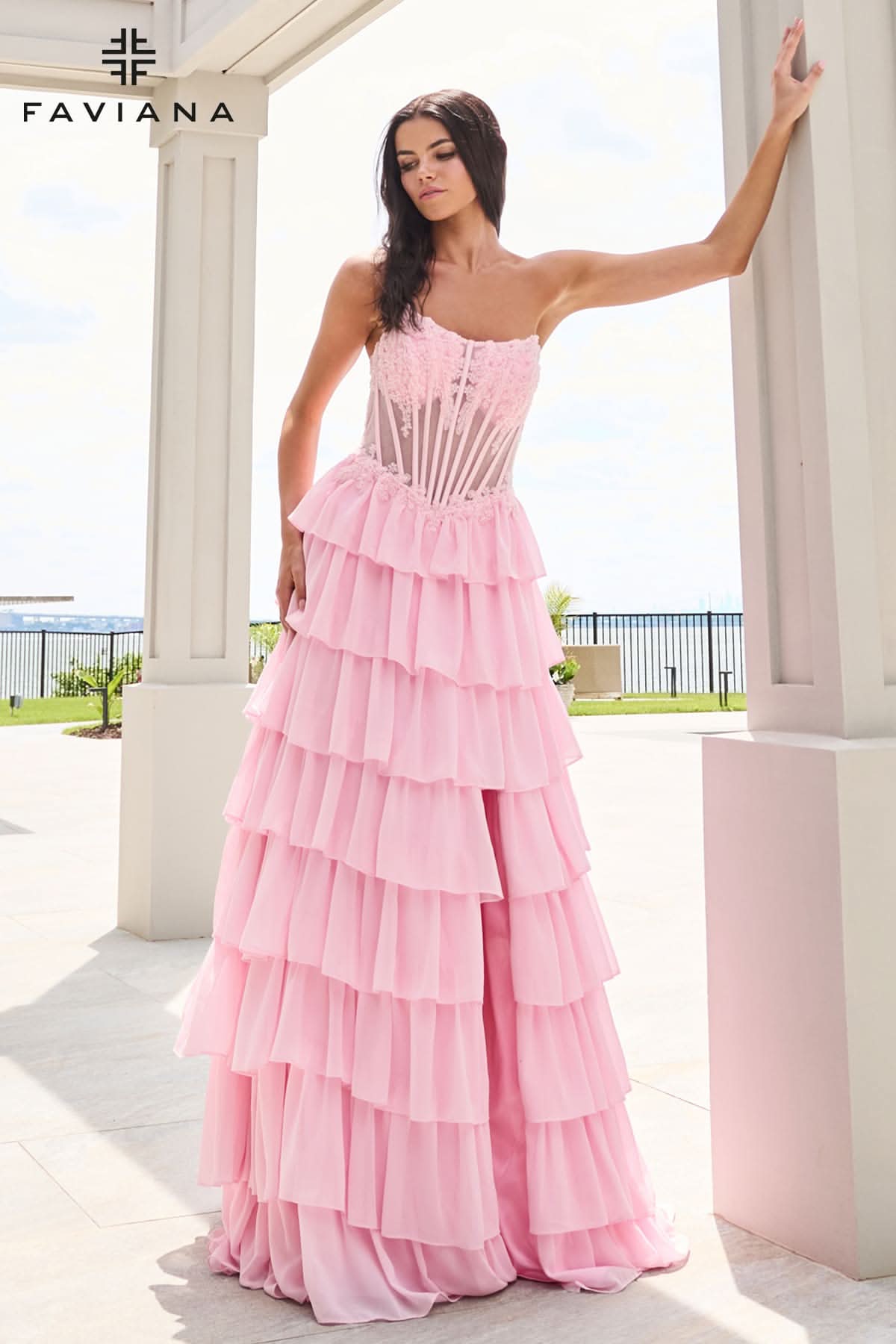 Chiffon Flowy Long Tiered Dress With Beaded Corset | 11629