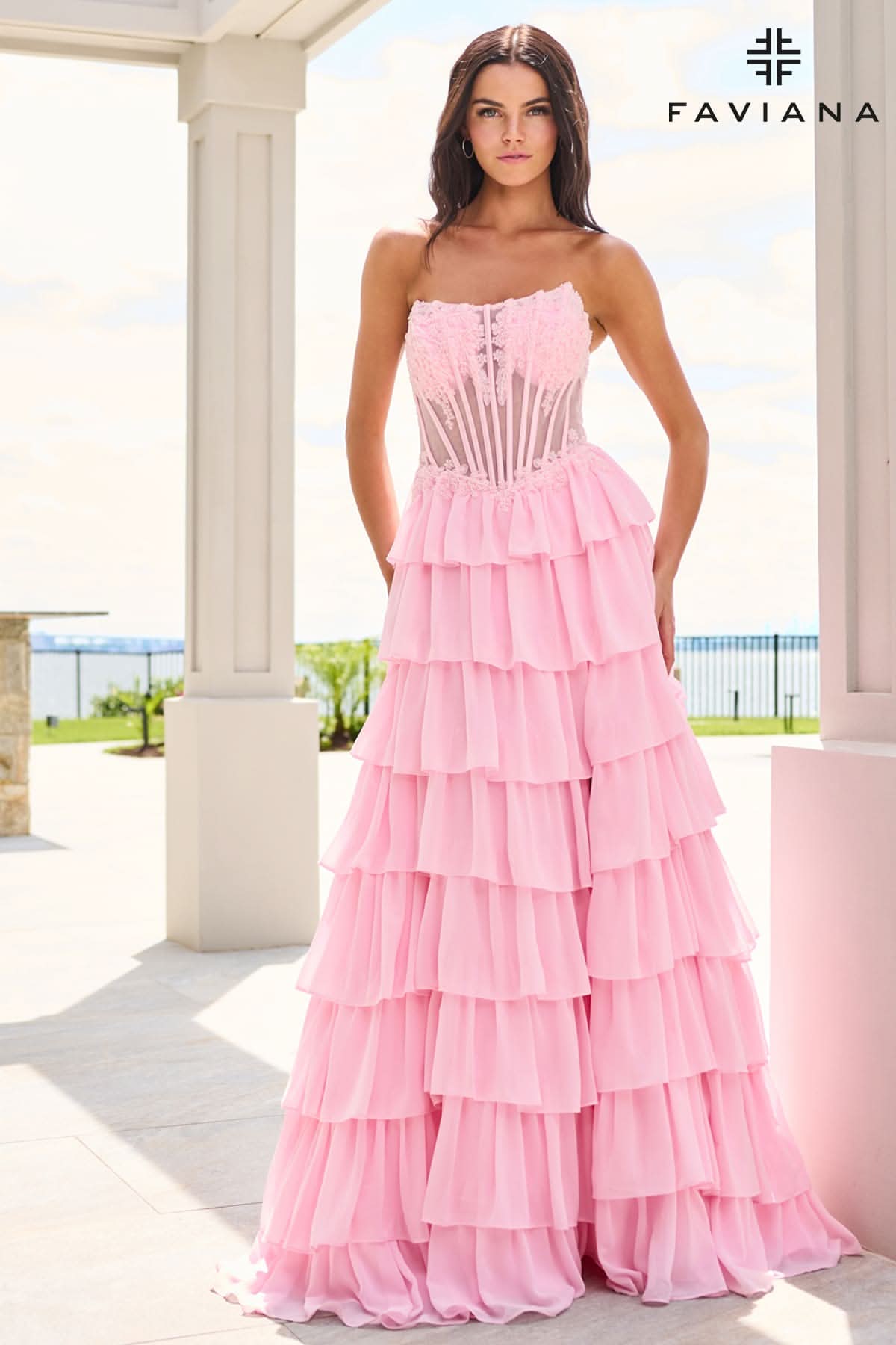 Chiffon Flowy Long Tiered Dress With Beaded Corset | 11629